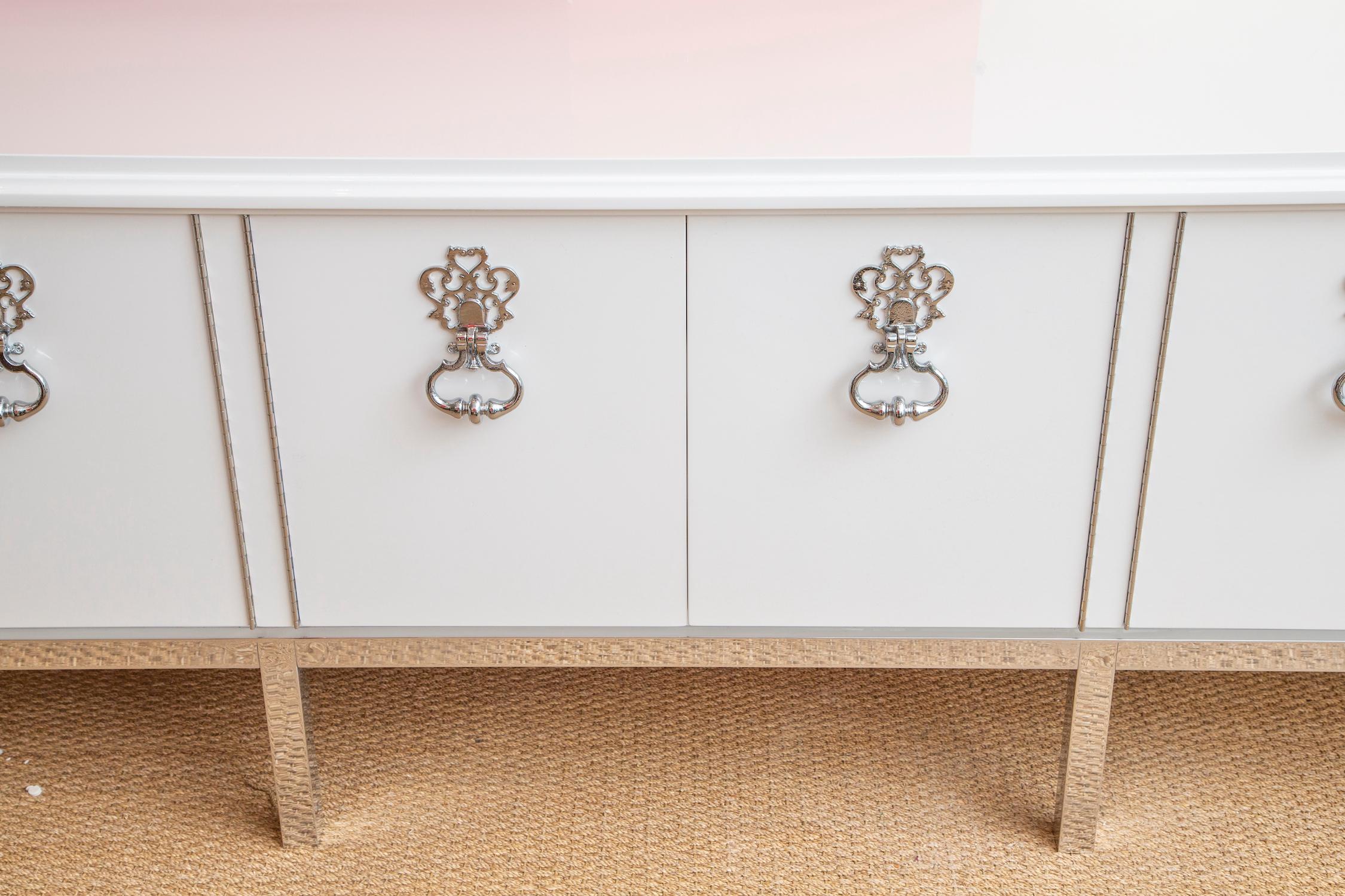 American Mastercraft Restored White Lacquered Wood & Chrome Plated Bronze Cabinet Buffet For Sale