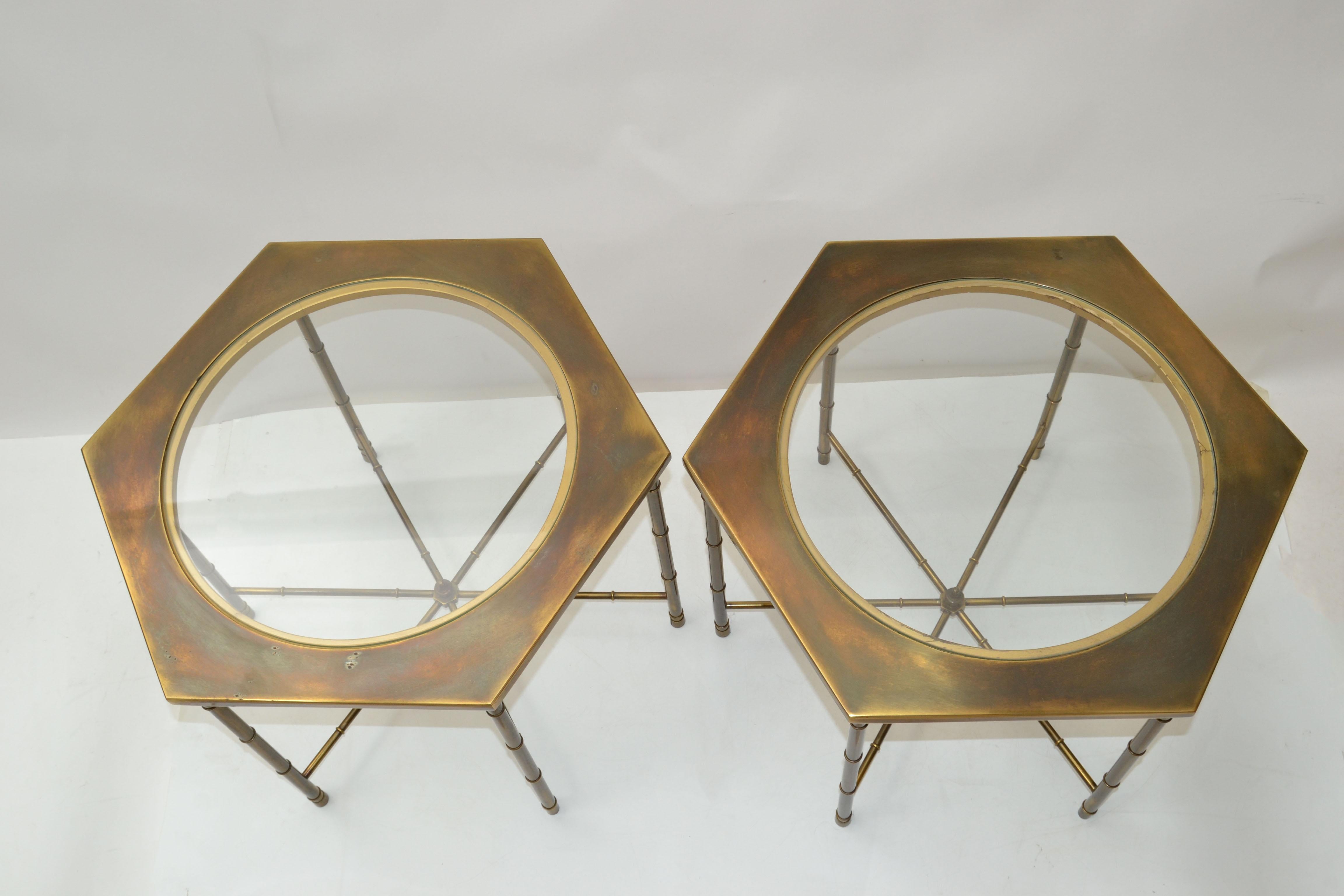 Mastercraft Solid Brass Faux Bamboo & Glass Hexagonal Drink Cocktail Table, Pair 4