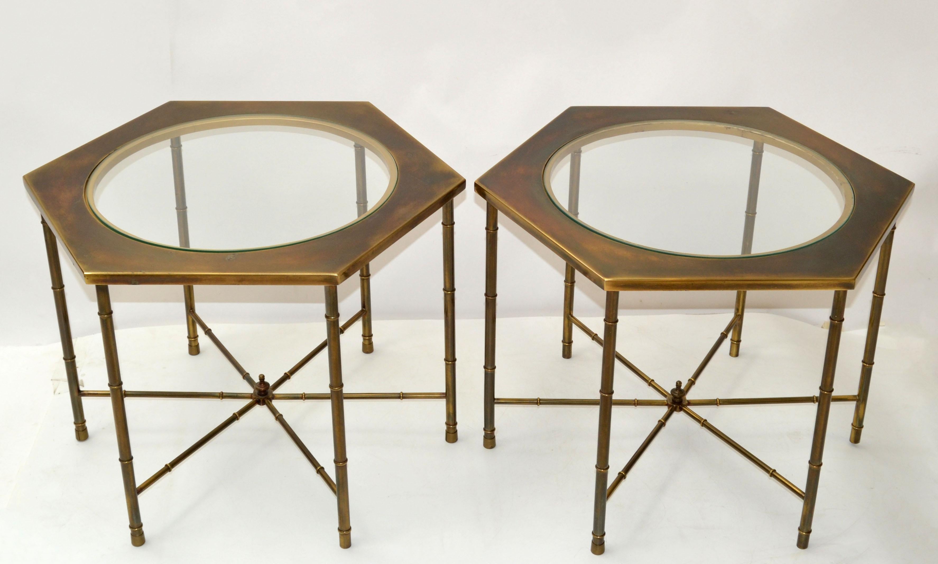 Mastercraft Solid Brass Faux Bamboo & Glass Hexagonal Drink Cocktail Table, Pair 5