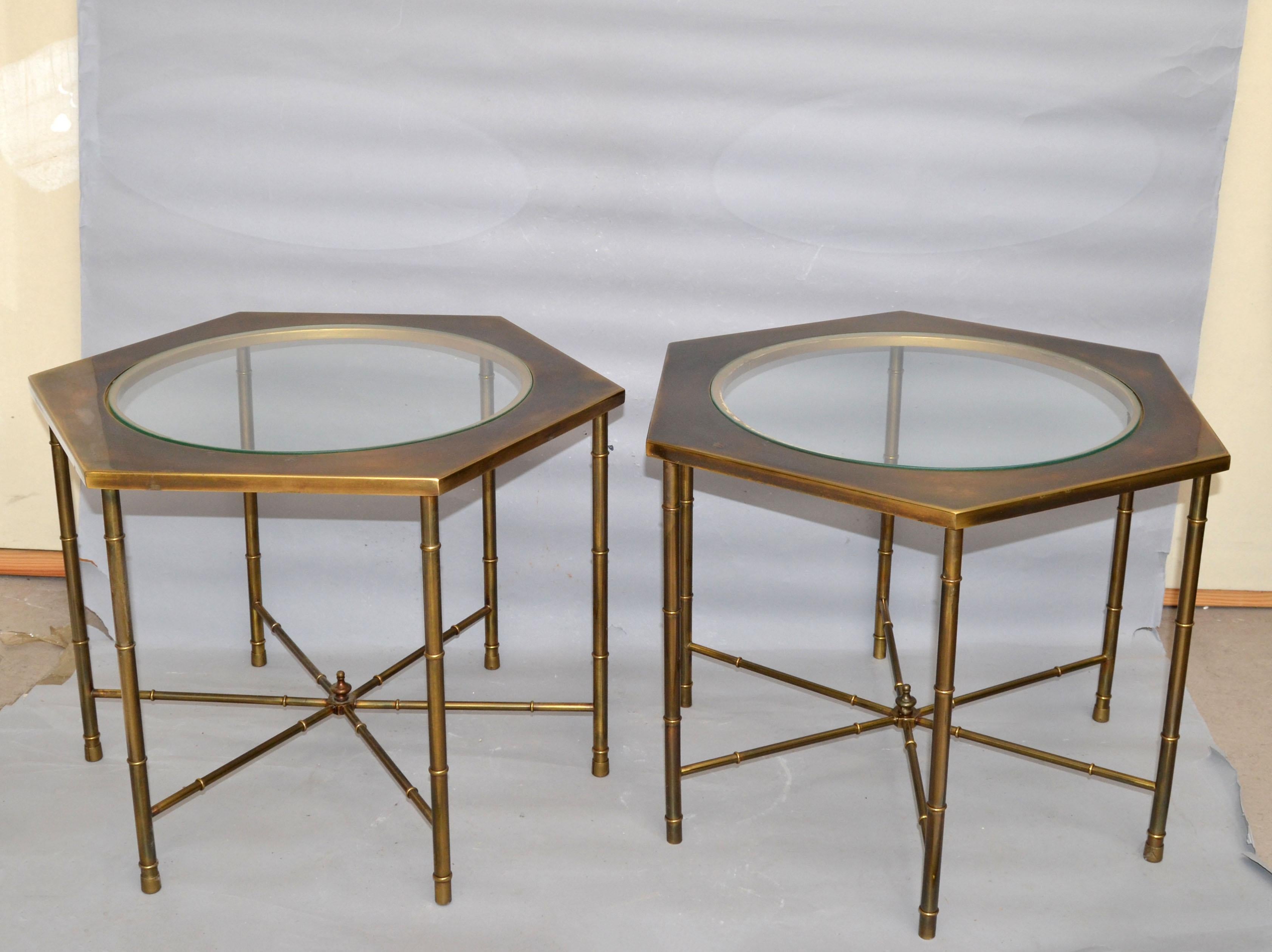 Mid-Century Modern Mastercraft Solid Brass Faux Bamboo & Glass Hexagonal Drink Cocktail Table, Pair