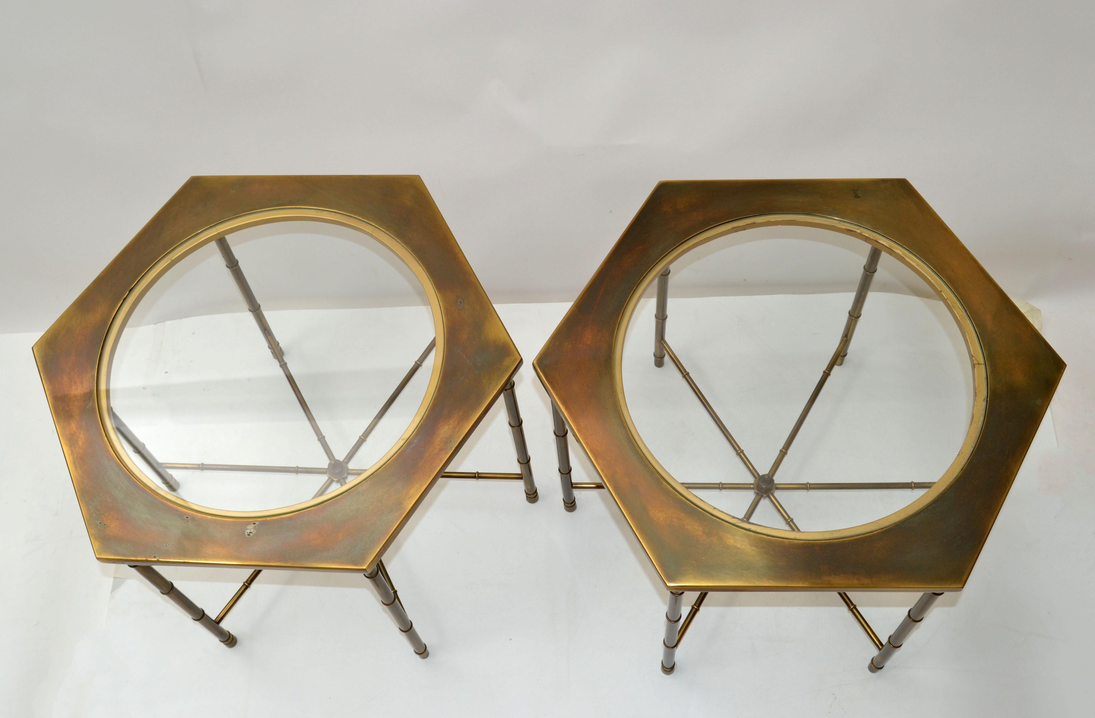 Patinated Mastercraft Solid Brass Faux Bamboo & Glass Hexagonal Drink Cocktail Table, Pair
