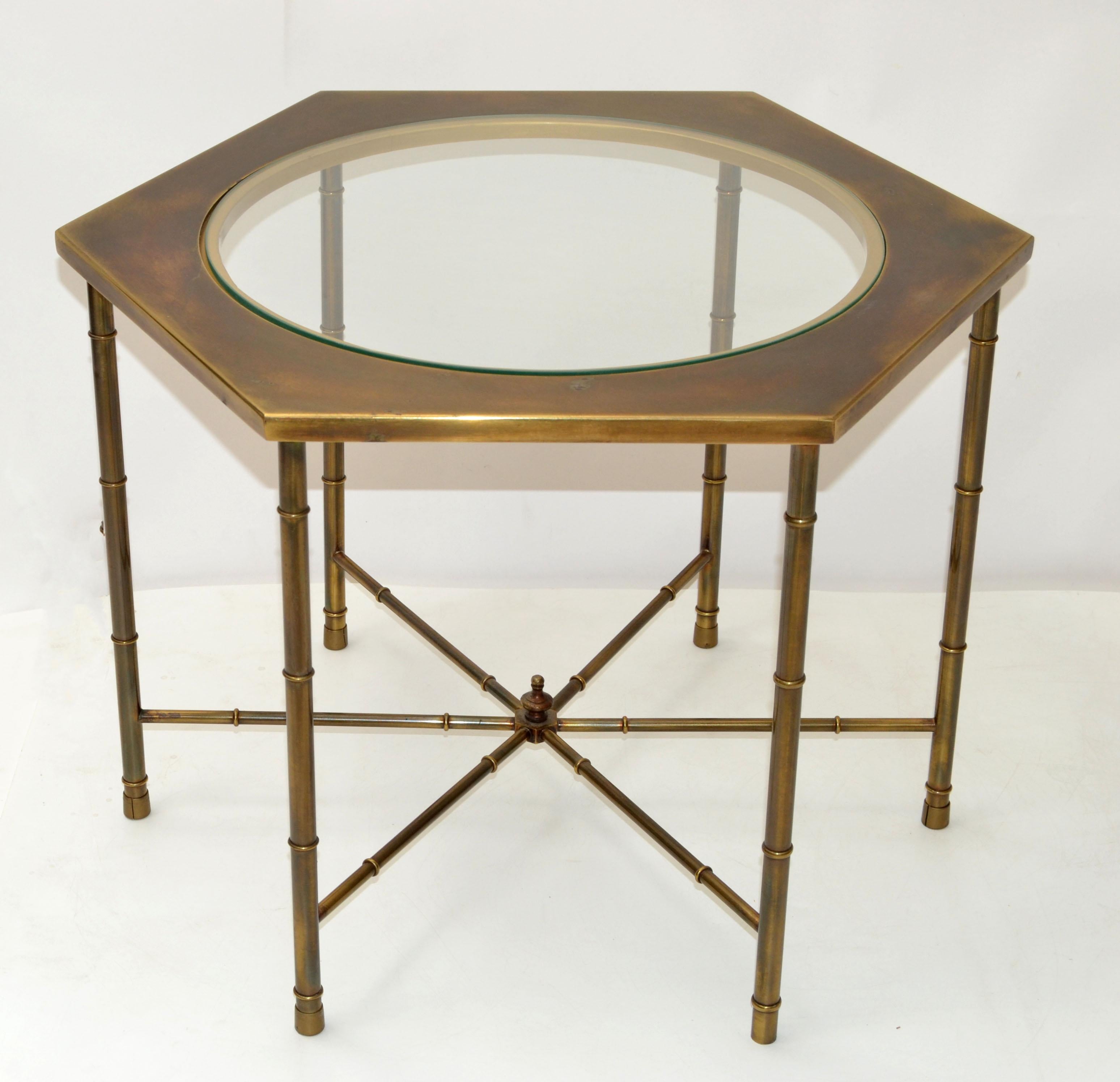 Mastercraft Solid Brass Faux Bamboo & Glass Hexagonal Drink Cocktail Table, Pair In Good Condition In Miami, FL