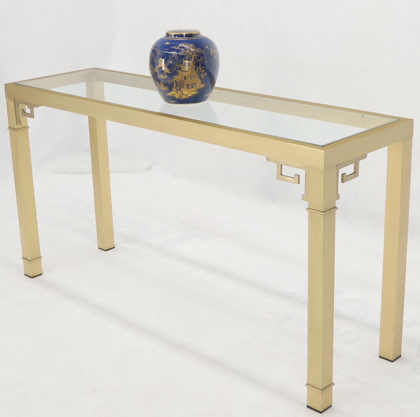 Mastercraft Solid Square Brass Profile Greek Key Glass Top Console Sofa Table 1