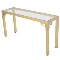 Table console de canapé Mastercraft carrée en laiton massif à profil en forme de clé grecque et plateau en verre