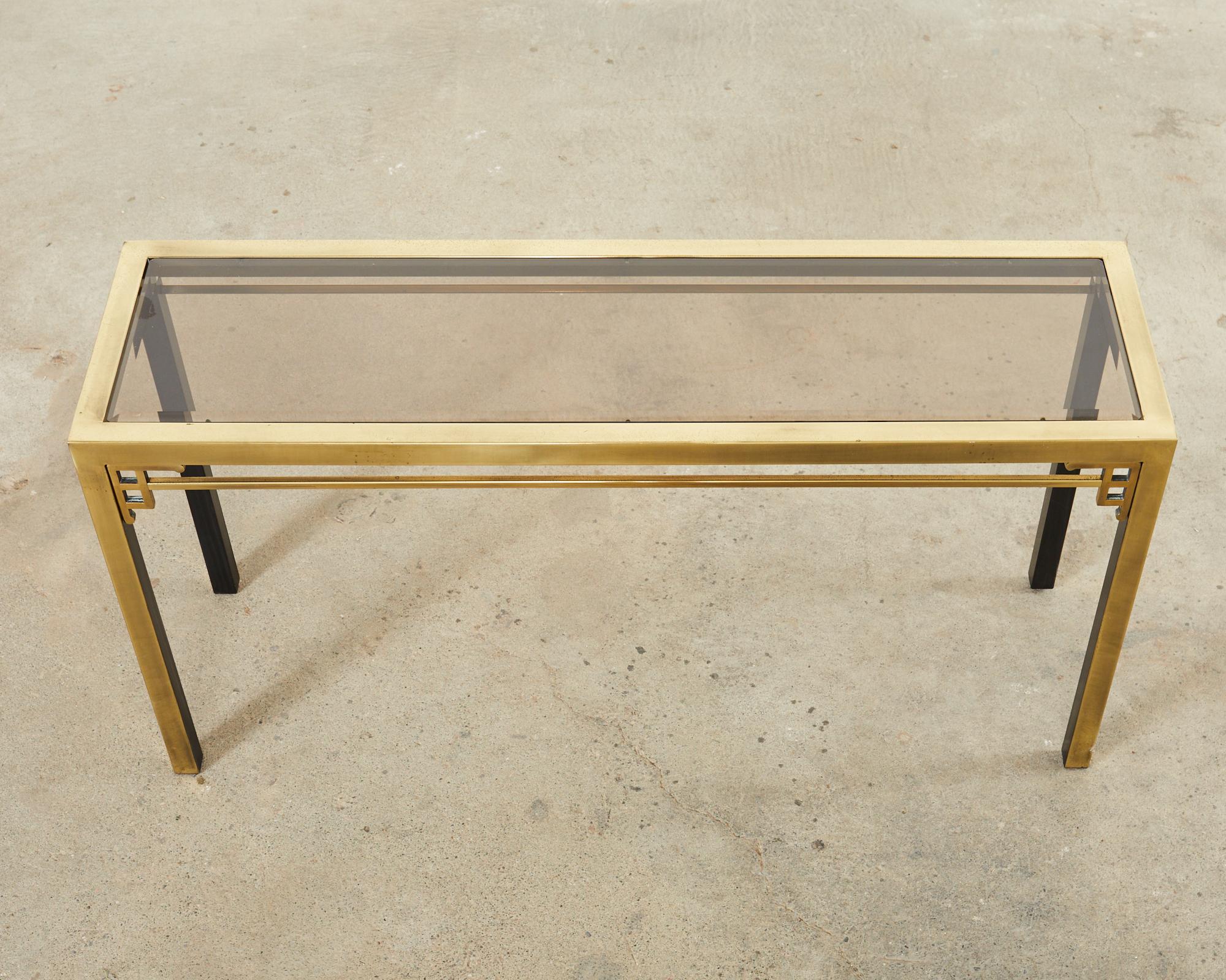 Beveled Mastercraft Style Brass Metal Greek Key Console Table For Sale