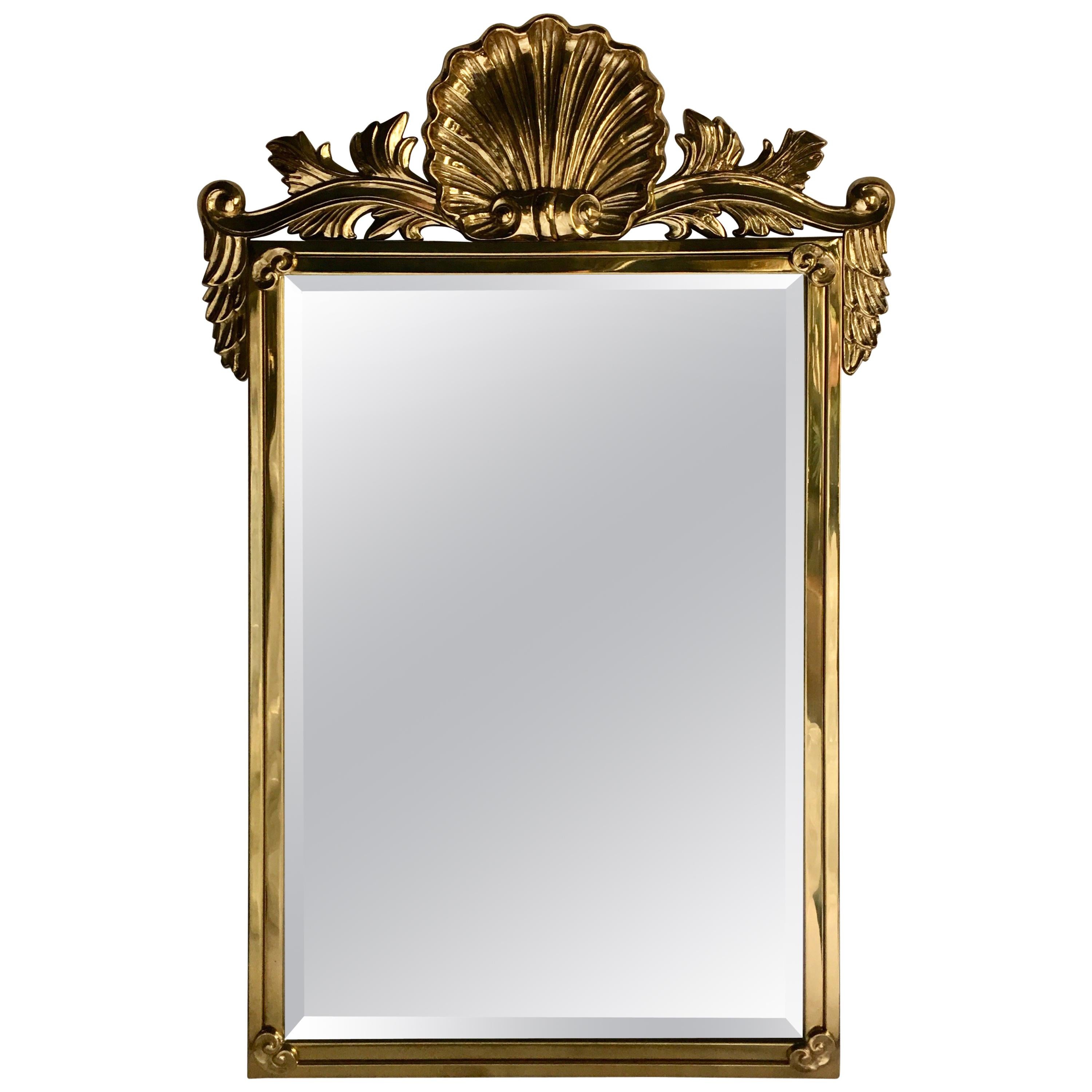 Italian Hollywood Regency Style Mastercraft Style Brass Shell Motif Wall Mirror For Sale