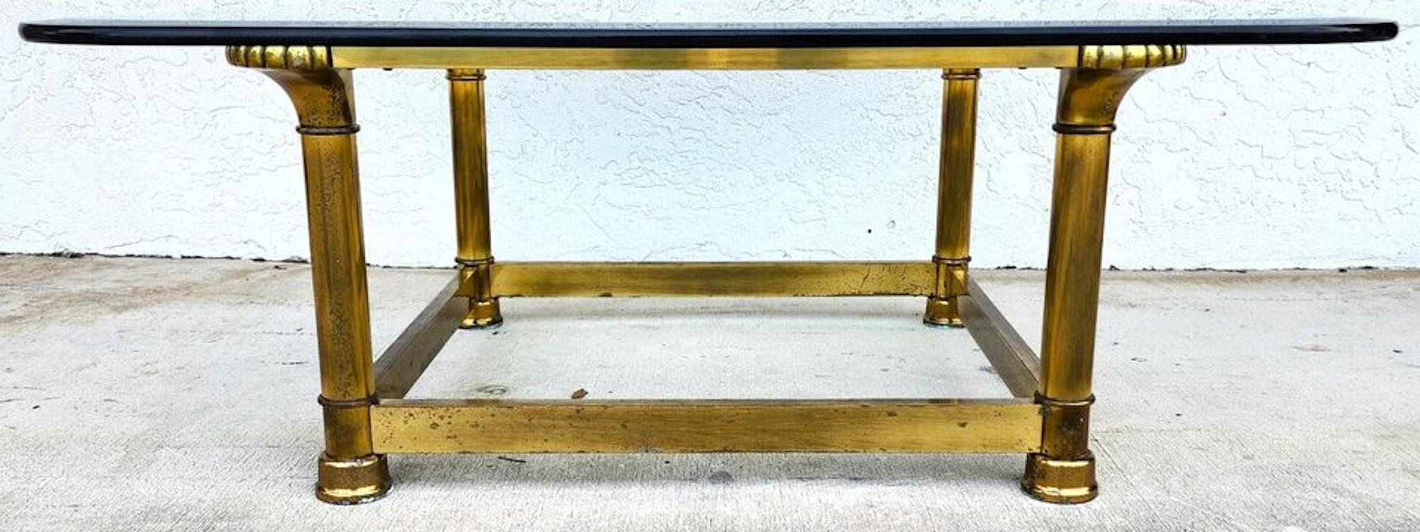 Hollywood Regency Mastercraft Style Coffee Table Brass Glass 1970s For Sale