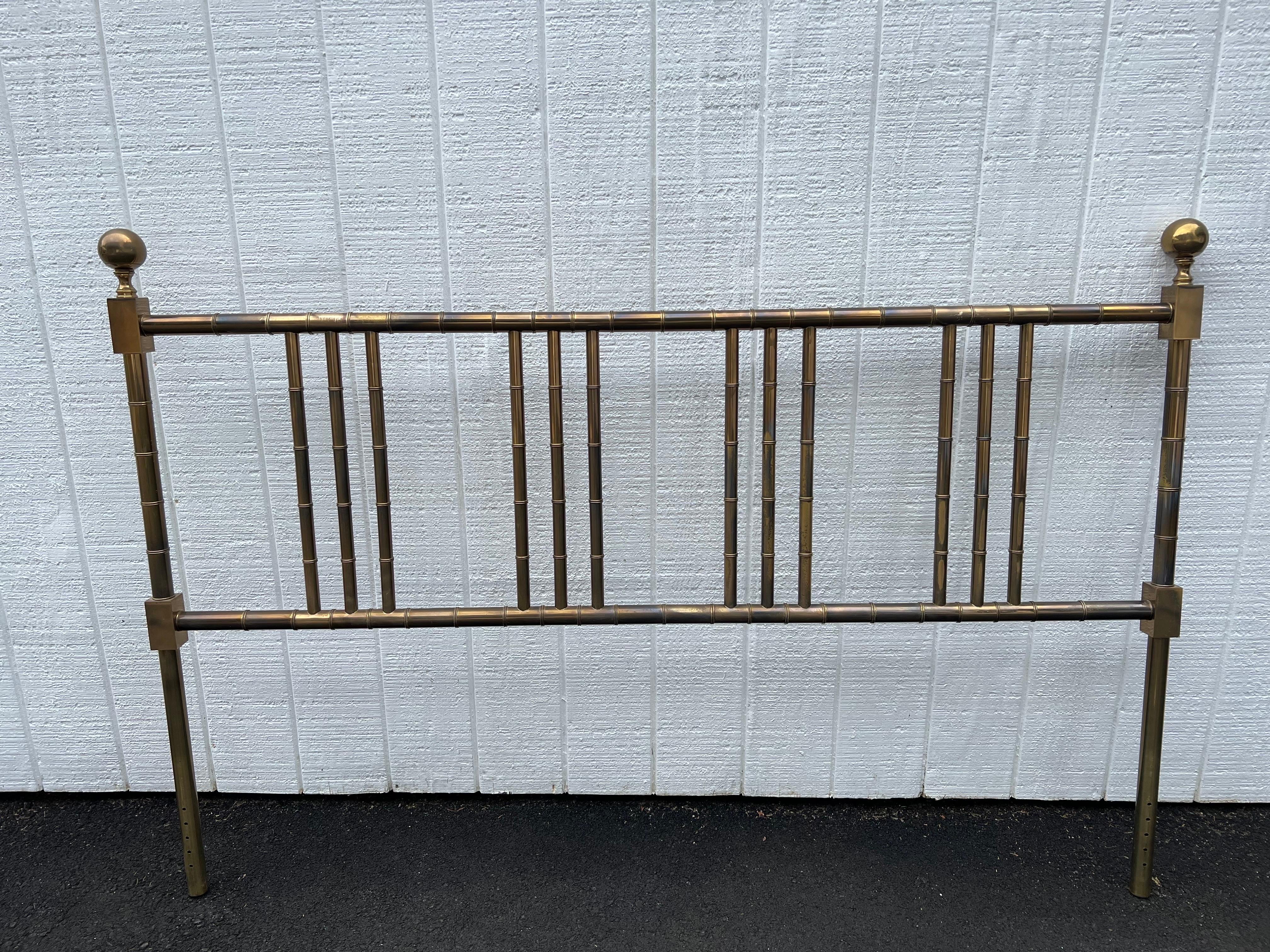 Mastercraft style Faux Bamboo Brass King Headboard. Solid well built headboard. Intentional variation of shades to patina. Some areas darker than others. Nice sculptural piece with a sophisticated style. On Sale as we need the room in the shop!