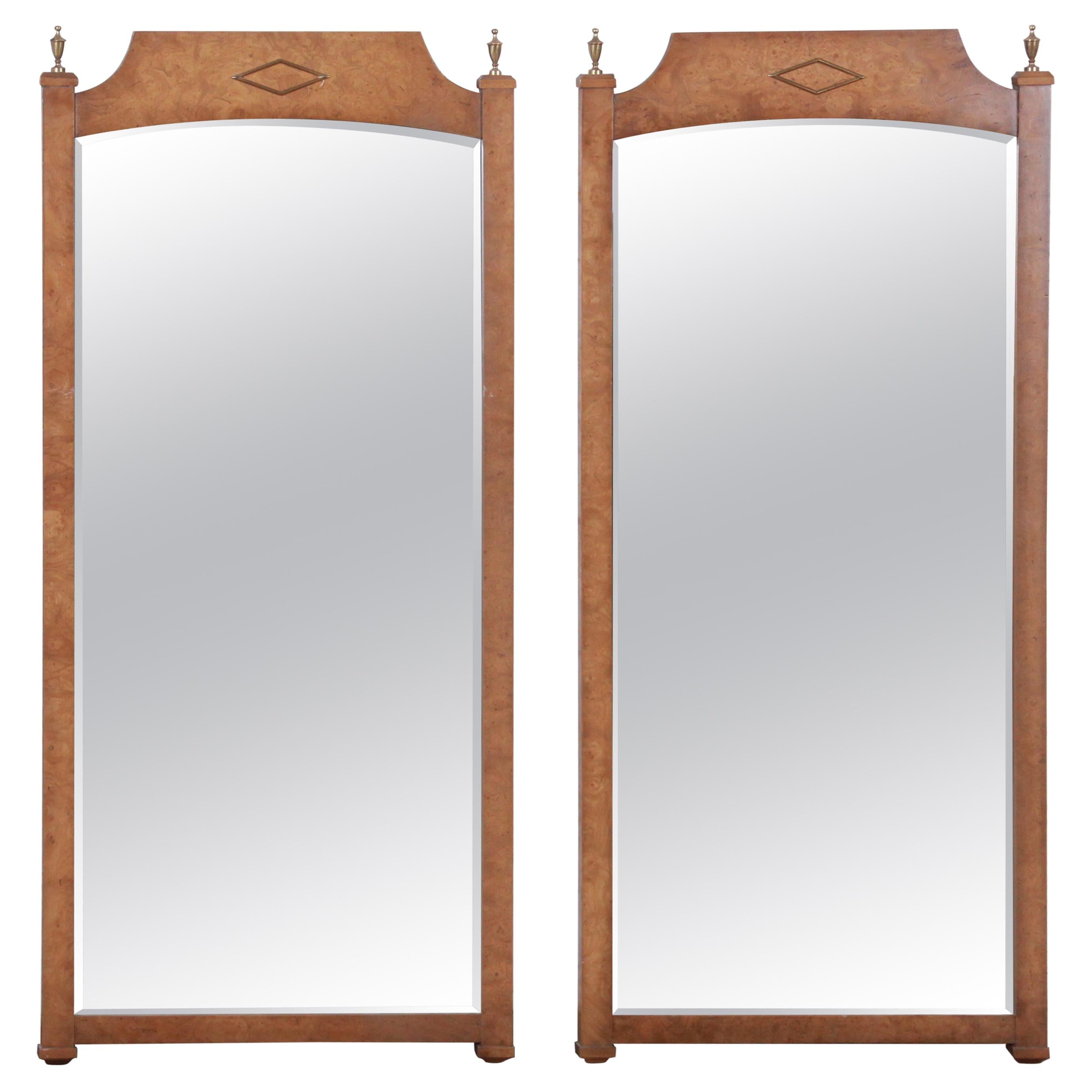 Mastercraft Style Hollywood Regency Burl Wood and Brass Wall Mirrors, Pair