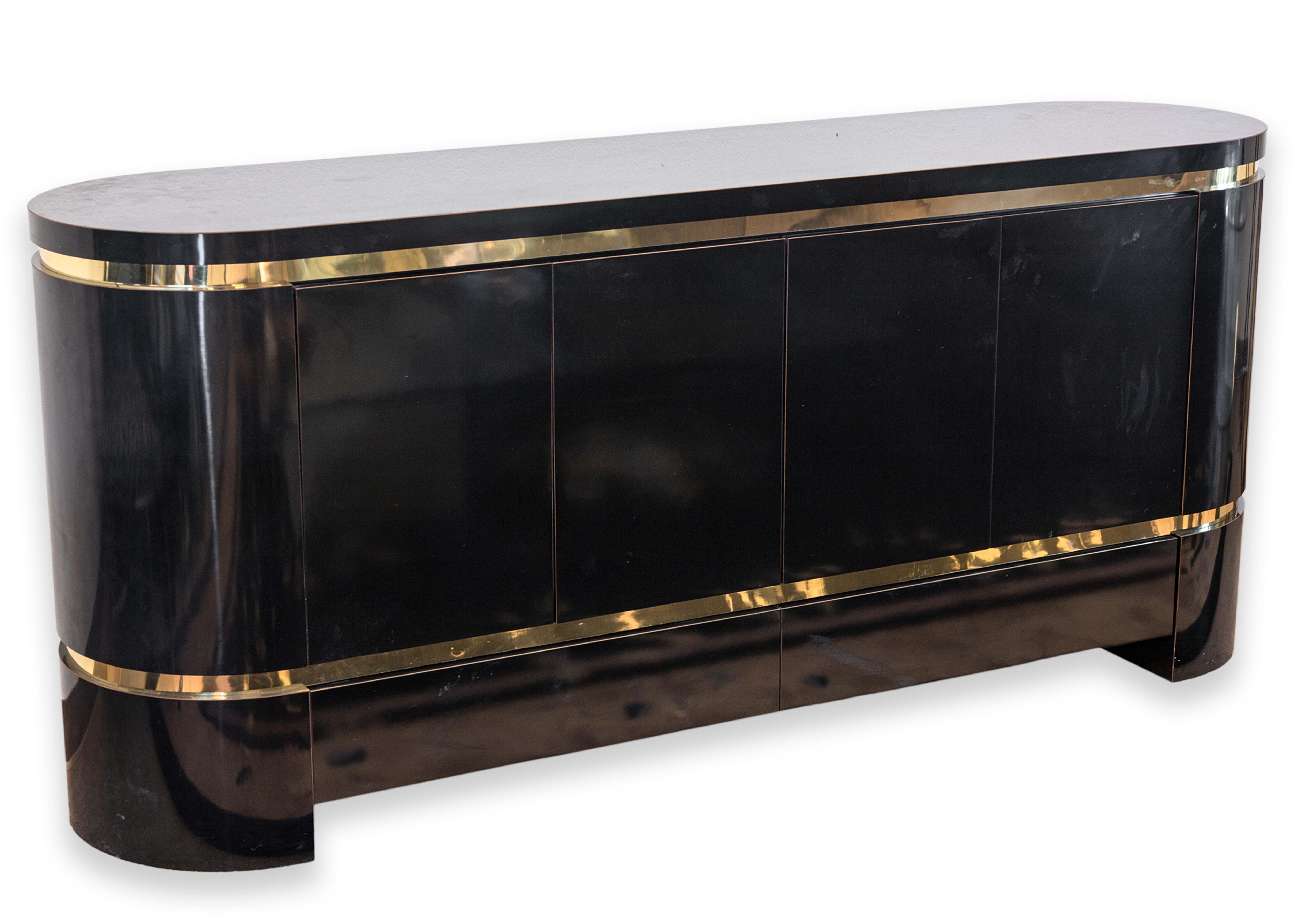 Mastercraft Style Mid Century Black Lacquer and Brass Sideboard Credenza Cabinet 5