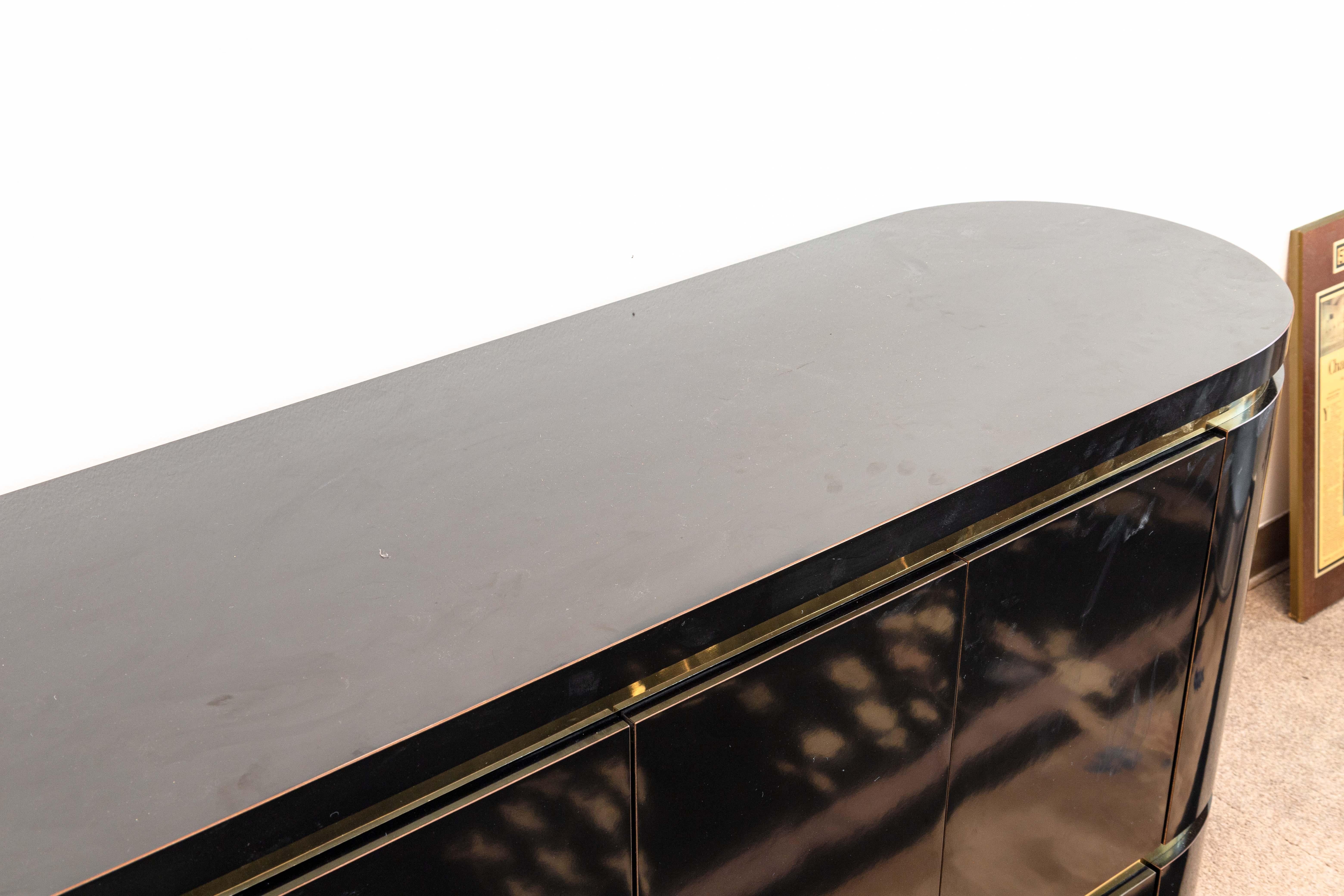 American Mastercraft Style Mid Century Black Lacquer and Brass Sideboard Credenza Cabinet