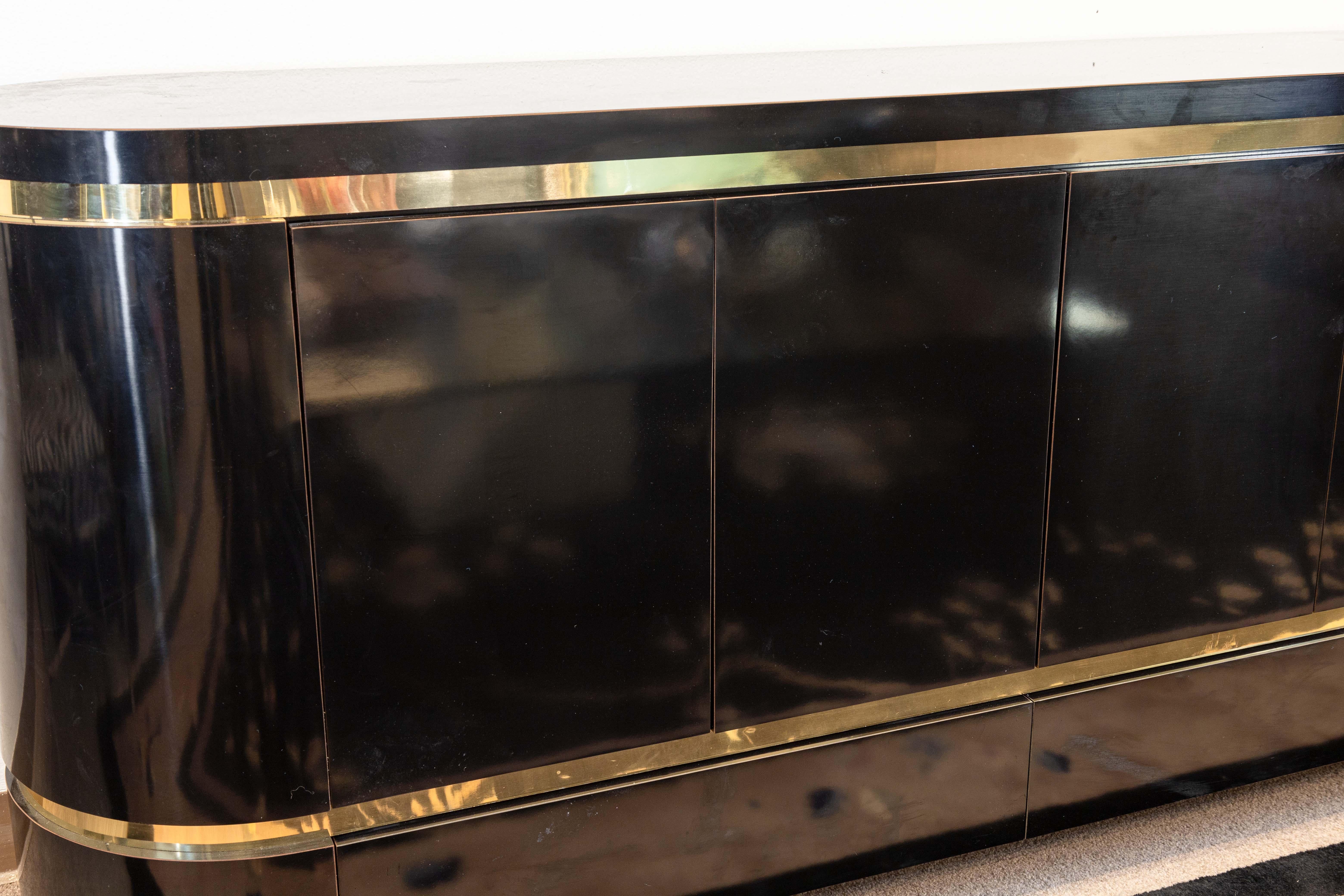 20th Century Mastercraft Style Mid Century Black Lacquer and Brass Sideboard Credenza Cabinet