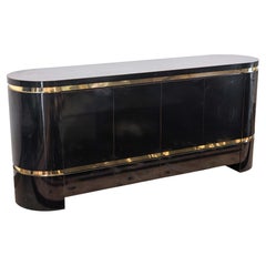 Mastercraft Style Mid Century Black Lacquer and Brass Sideboard Credenza Cabinet