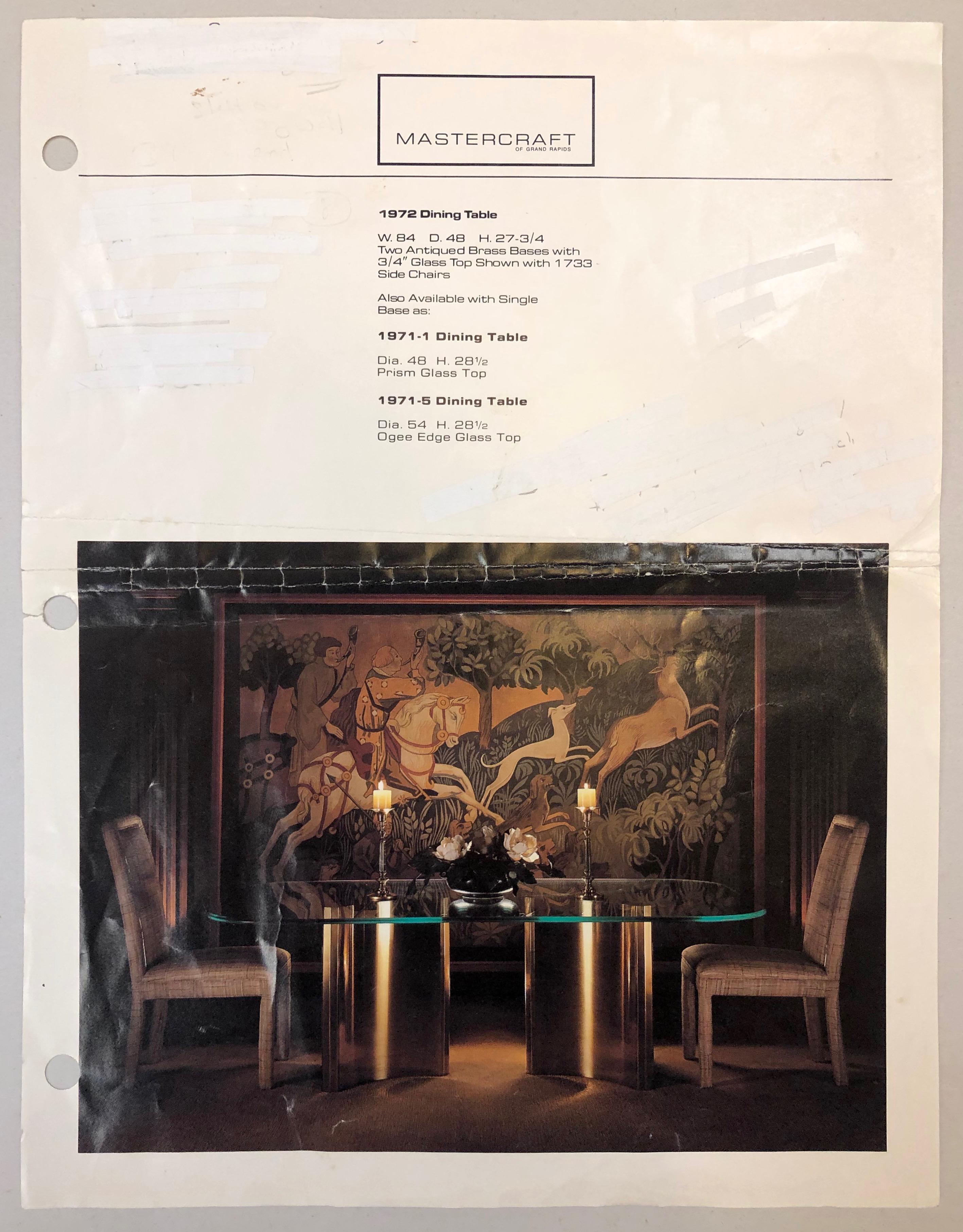 Mastercraft Trilobi Brass Pedestal Base Glass Dining Table, Early 1970s 14