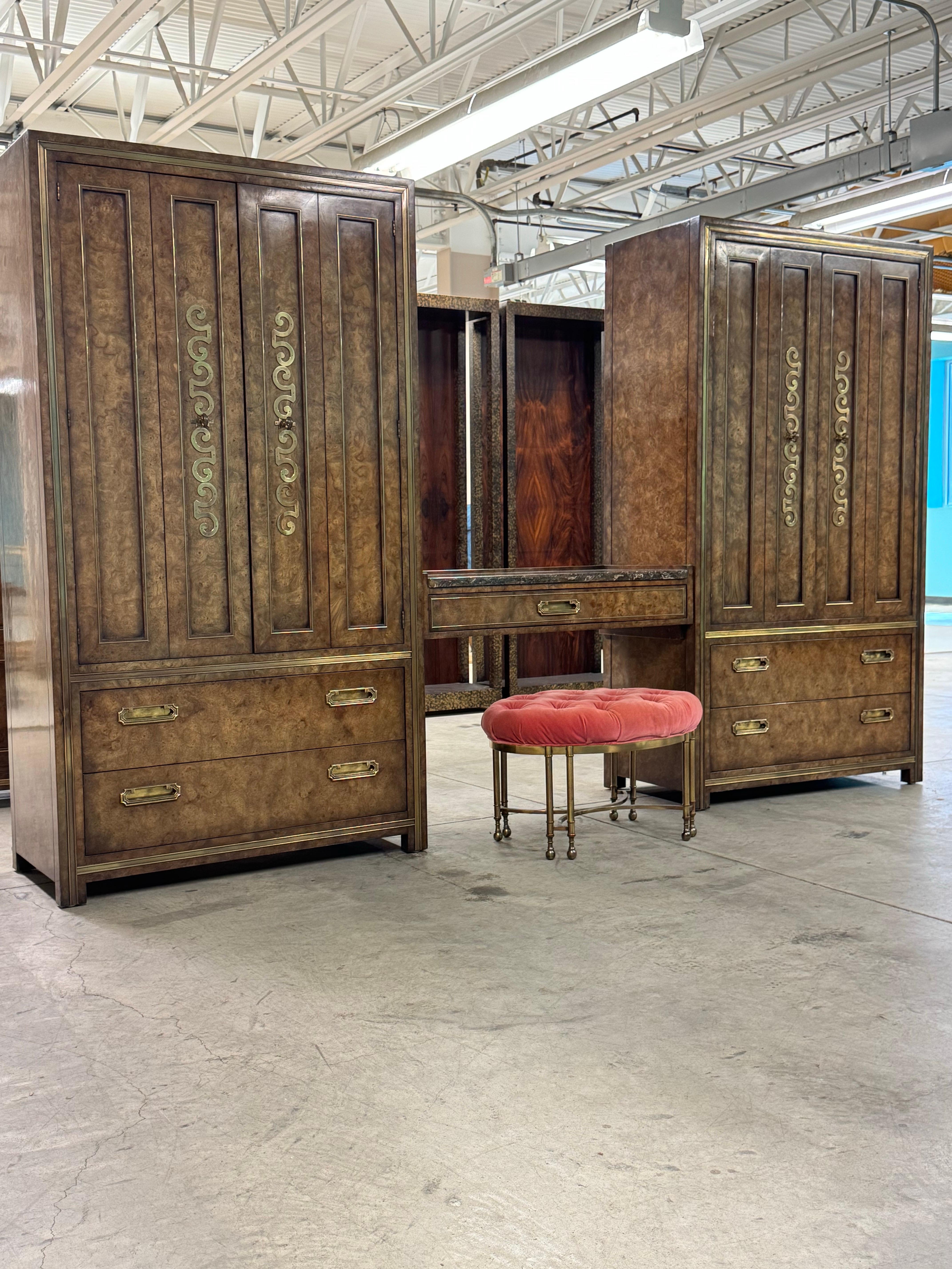 Purchased from the original owner this set is stunning in person in every way. Twin Burled Amboyna Wardrobes with intricate brass embellishments, a vanity and original brass stool. We have the entire bedroom suite in stock. See other listings. Rare