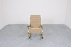 Mid-Century Modern Brass Rocking Chair with Wood Details & Mohair Fabric