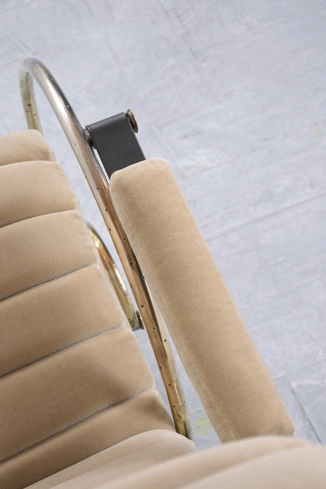 English Mid-Century Modern Brass Rocking Chair with Wood Details & Mohair Fabric