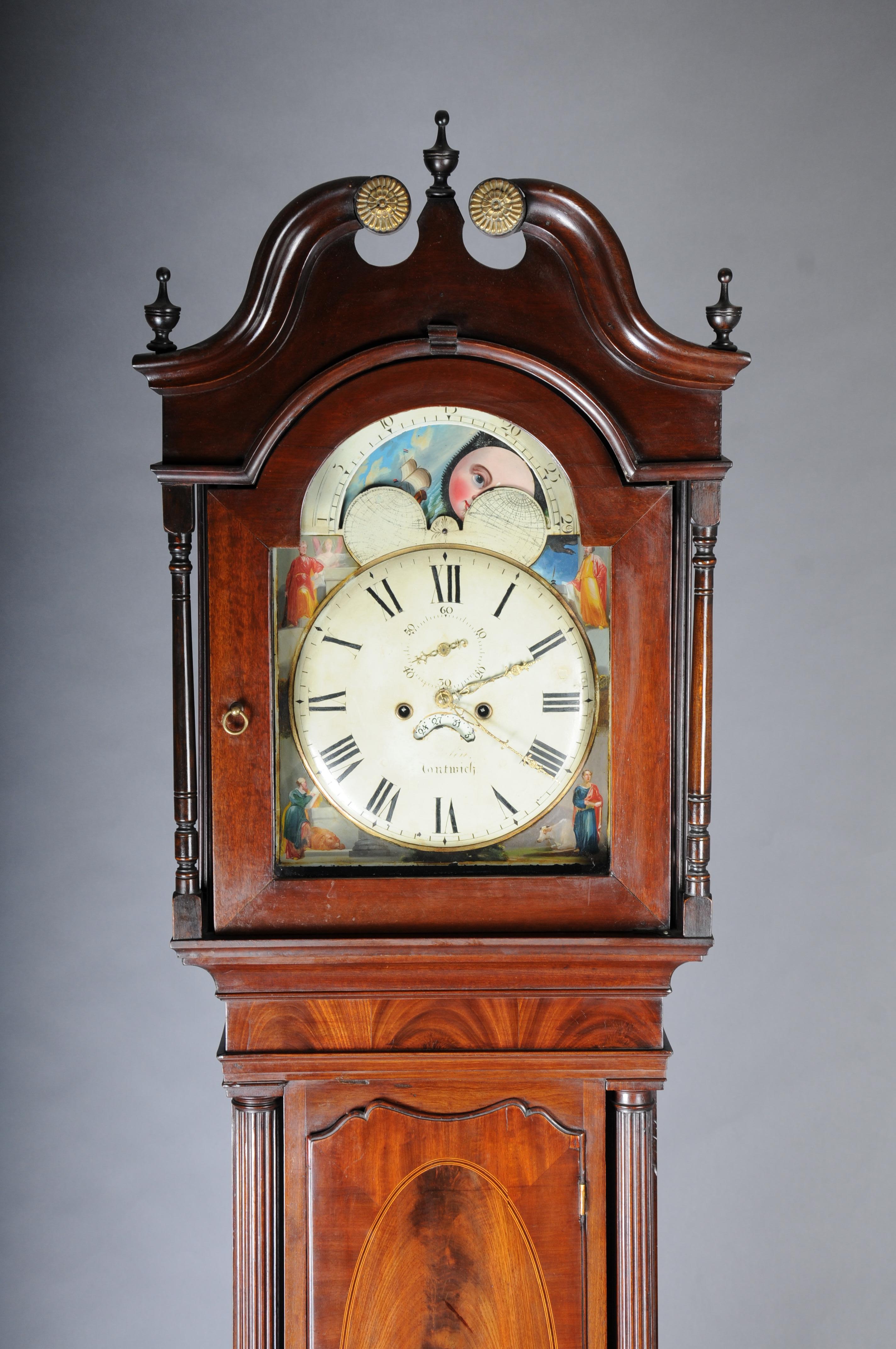 Masterful antique English grandfather clock, mahogany, 18th century.

English grandfather clock, 18th century, mahogany veneer with burl wood mirror, fluted full columns, elaborately hand-painted dial with Roman numerals and gold-plated hands,