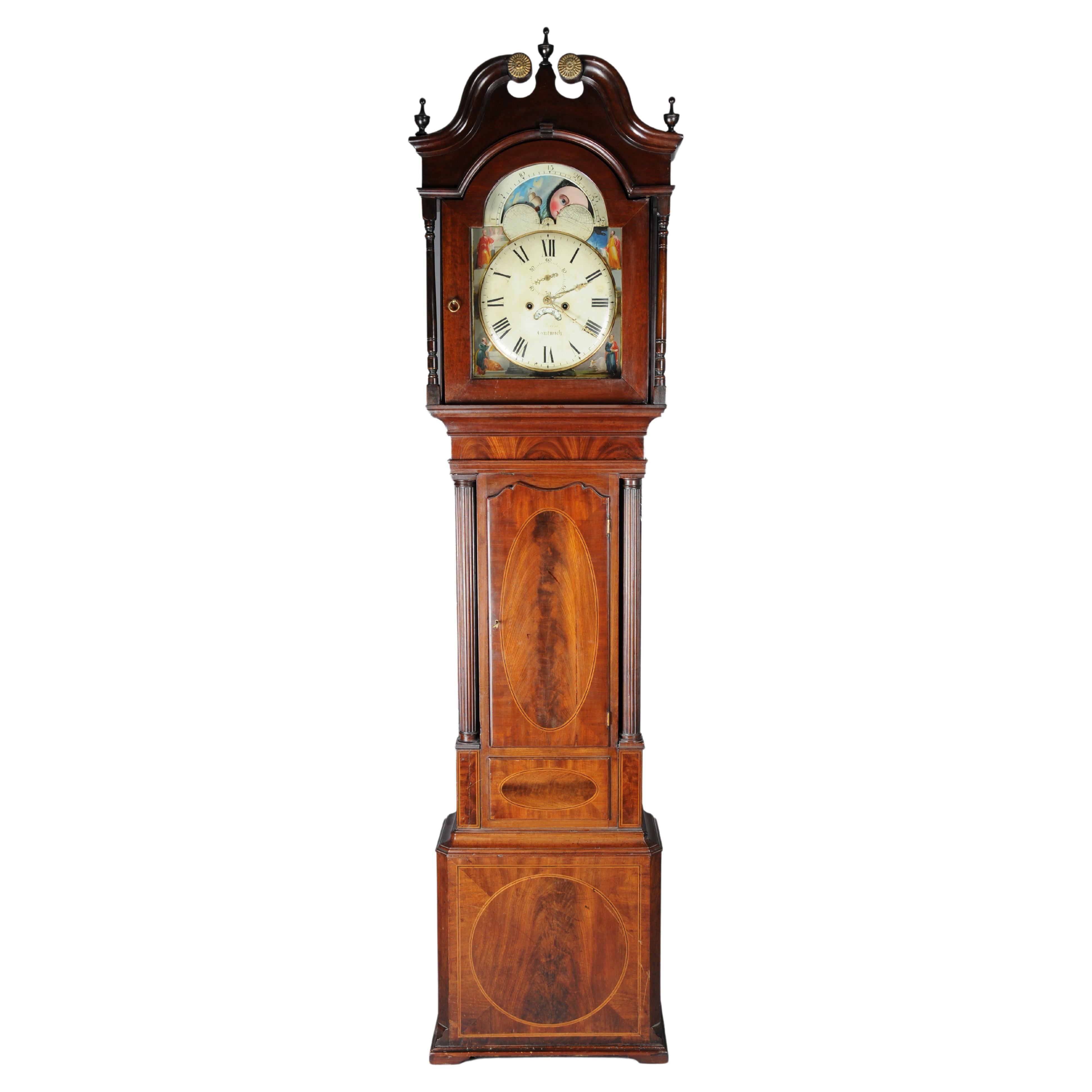Masterful antique English grandfather clock, mahogany, 18th century
