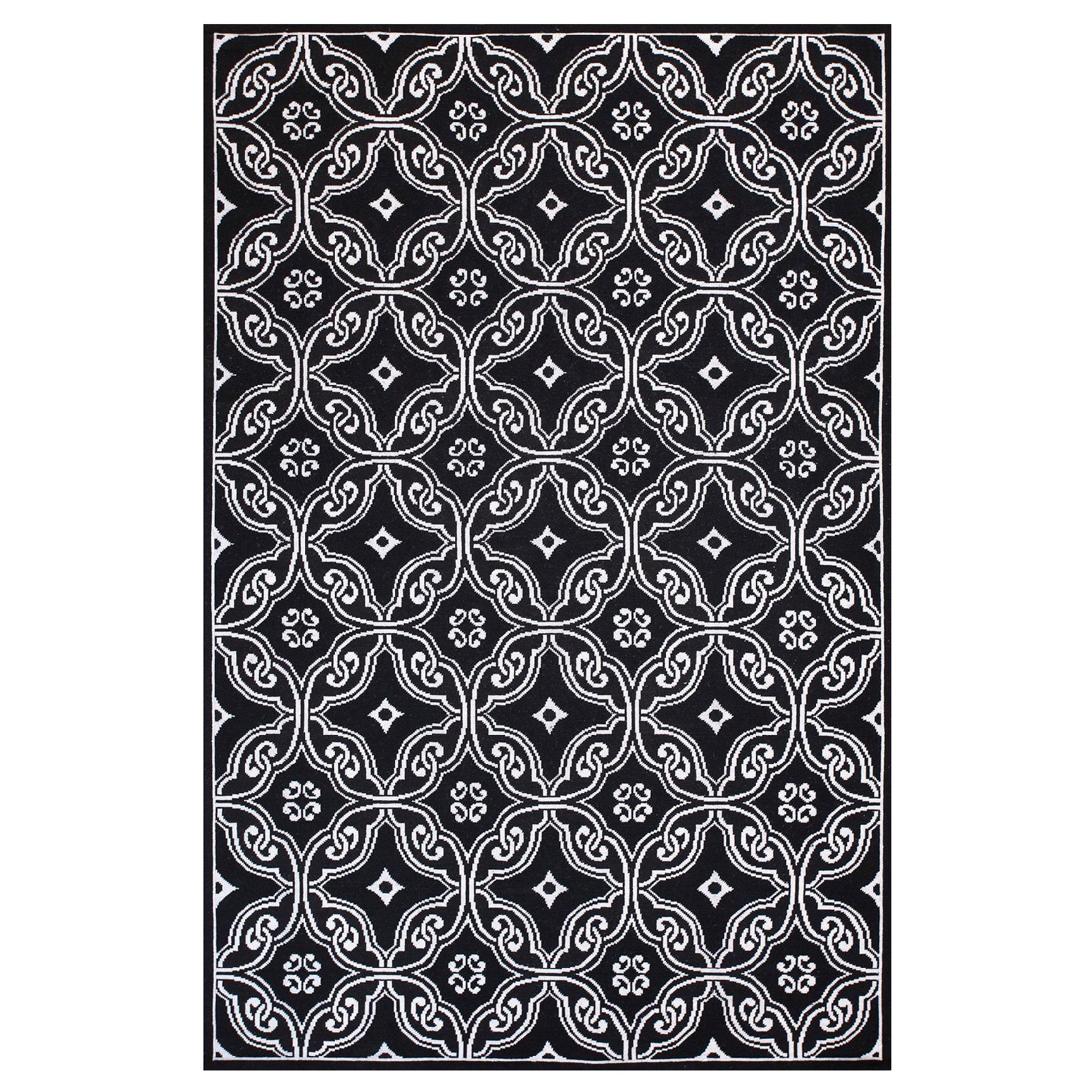 Masterful Black Color Geometric Pattern Handwoven Needlepoint Flat Weave Rug For Sale