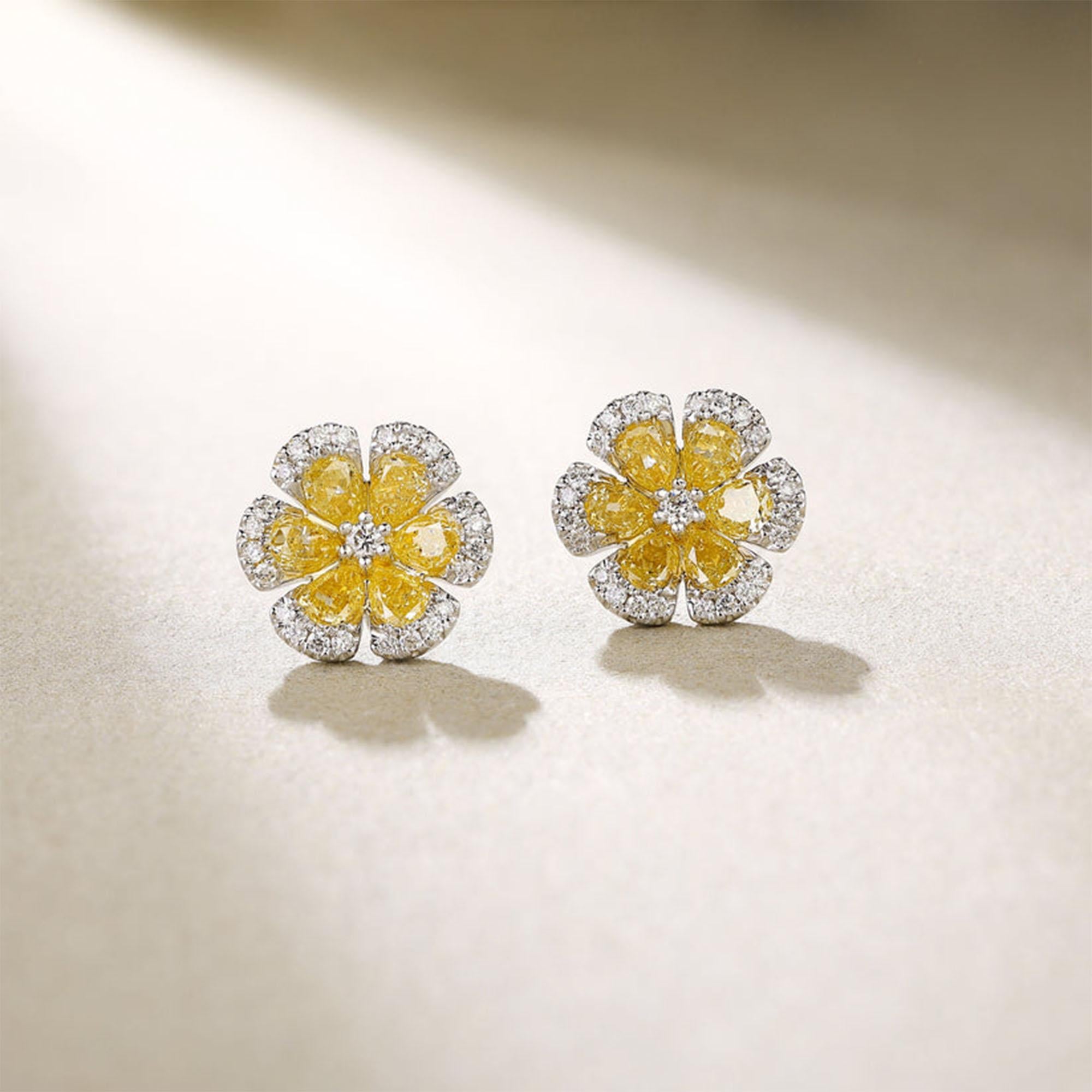 Masterful Flower 14K (or 18k upon request) Yellow Gold Cut Diamond Stud Earrings For Sale