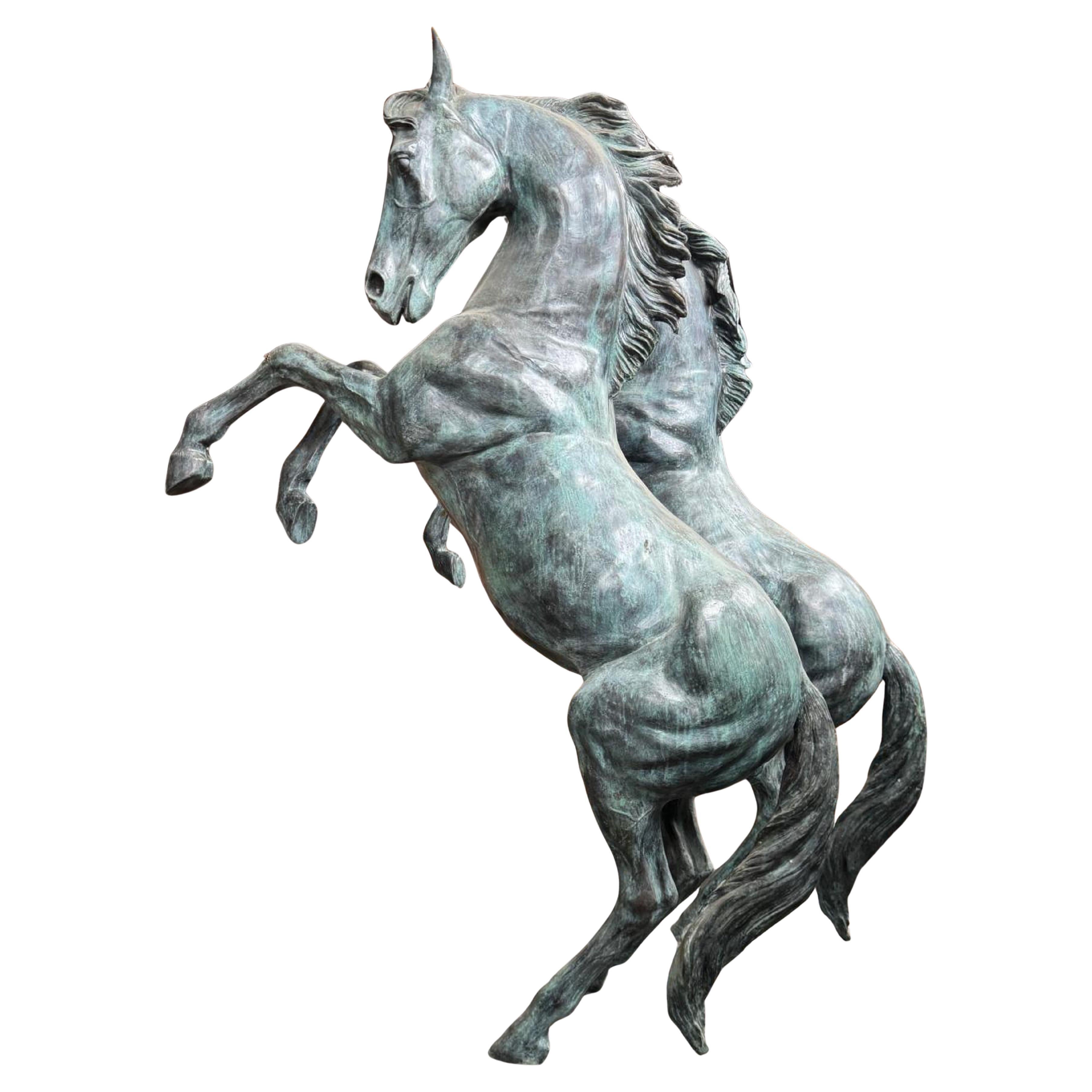 Meisterhaftes Paar italienischer Pferde in Bronze 20.

H: 260cm
190cm x 70cm

echte Höhe, Wachsausschmelzverfahren.
Herkunft Venedig, Privatsammlung.
Perfekt für den Außenbereich oder auch für den Innenbereich.
Die Abmessungen sind wichtig,