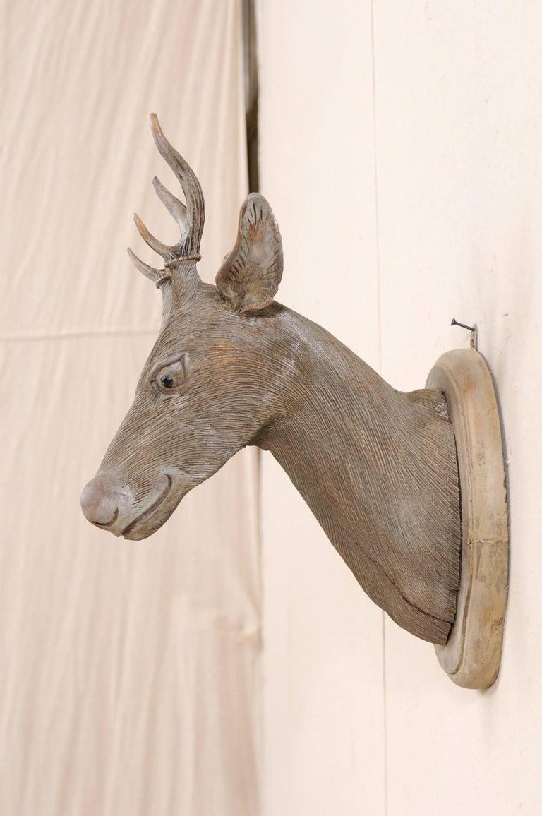 Masterfully Carved Faux-Taxidermy Deer Head Wall Decoration For Sale at 1stDibs
