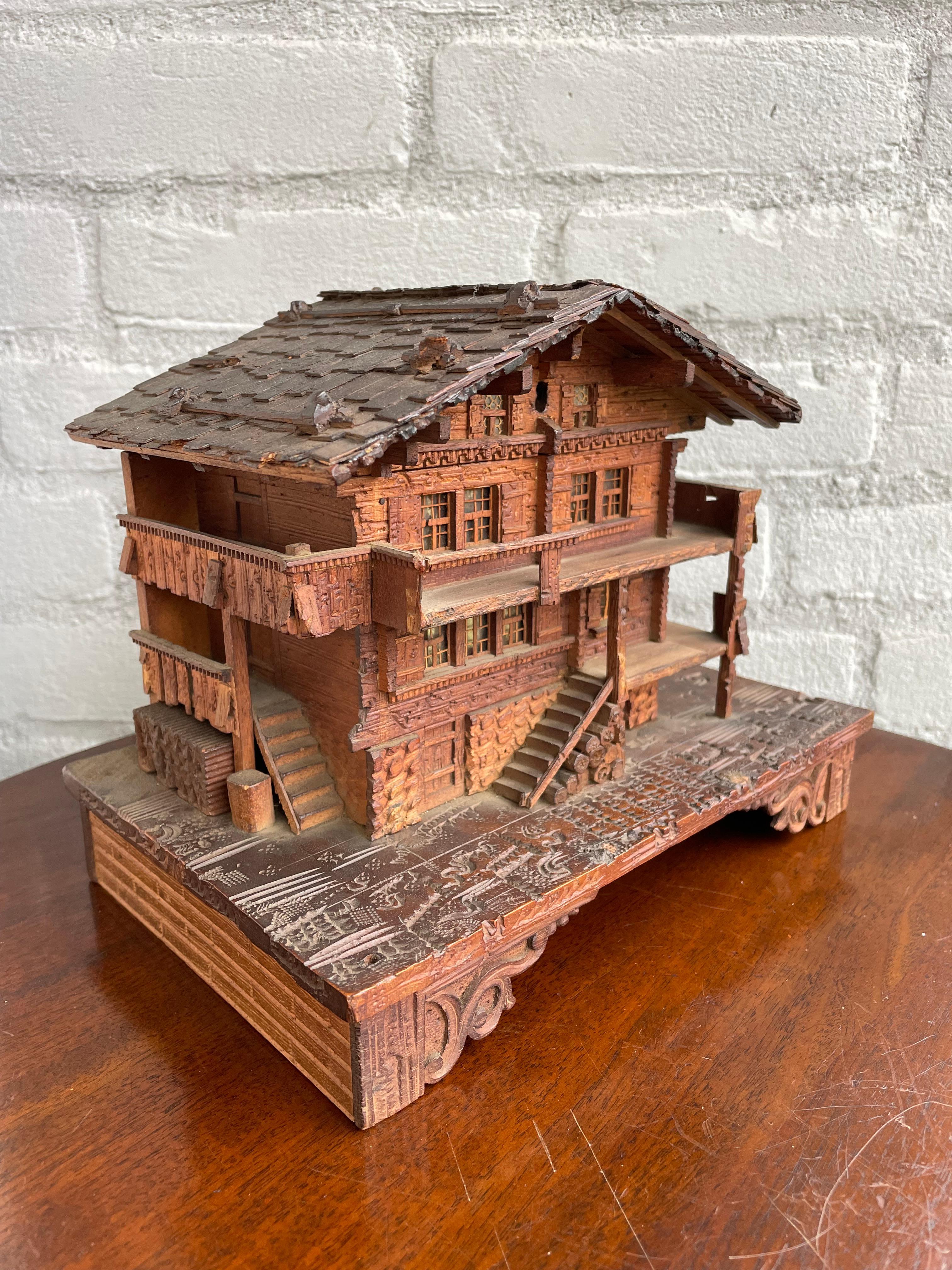 Masterfully Carved Swiss Black Forest Wooden Chalet Antique Jewelry & Music Box 7