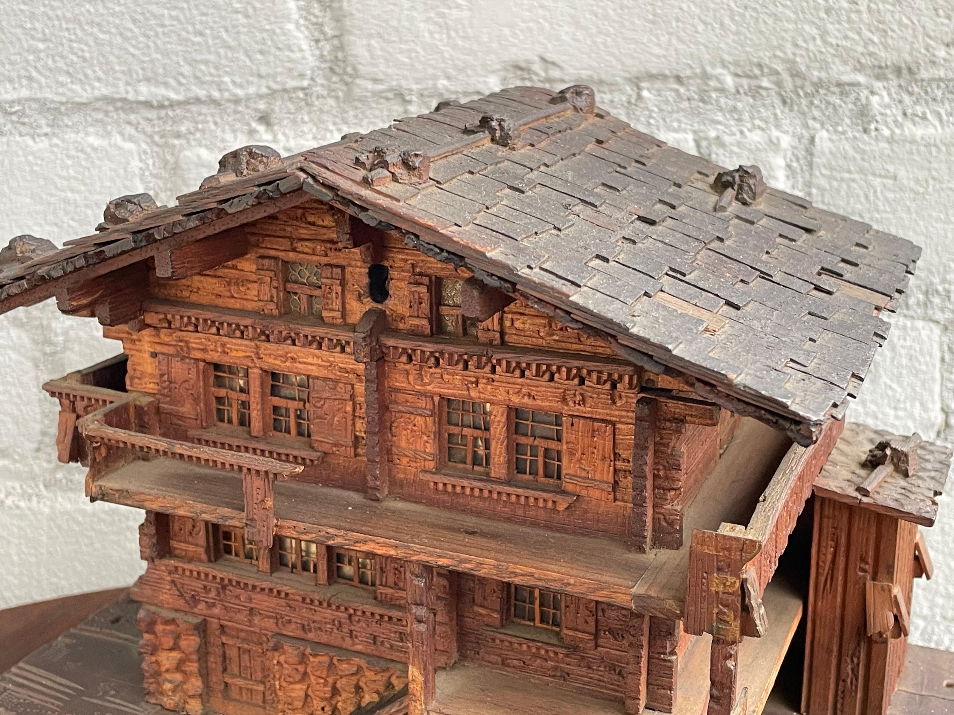 Masterfully Carved Swiss Black Forest Wooden Chalet Antique Jewelry & Music Box 8