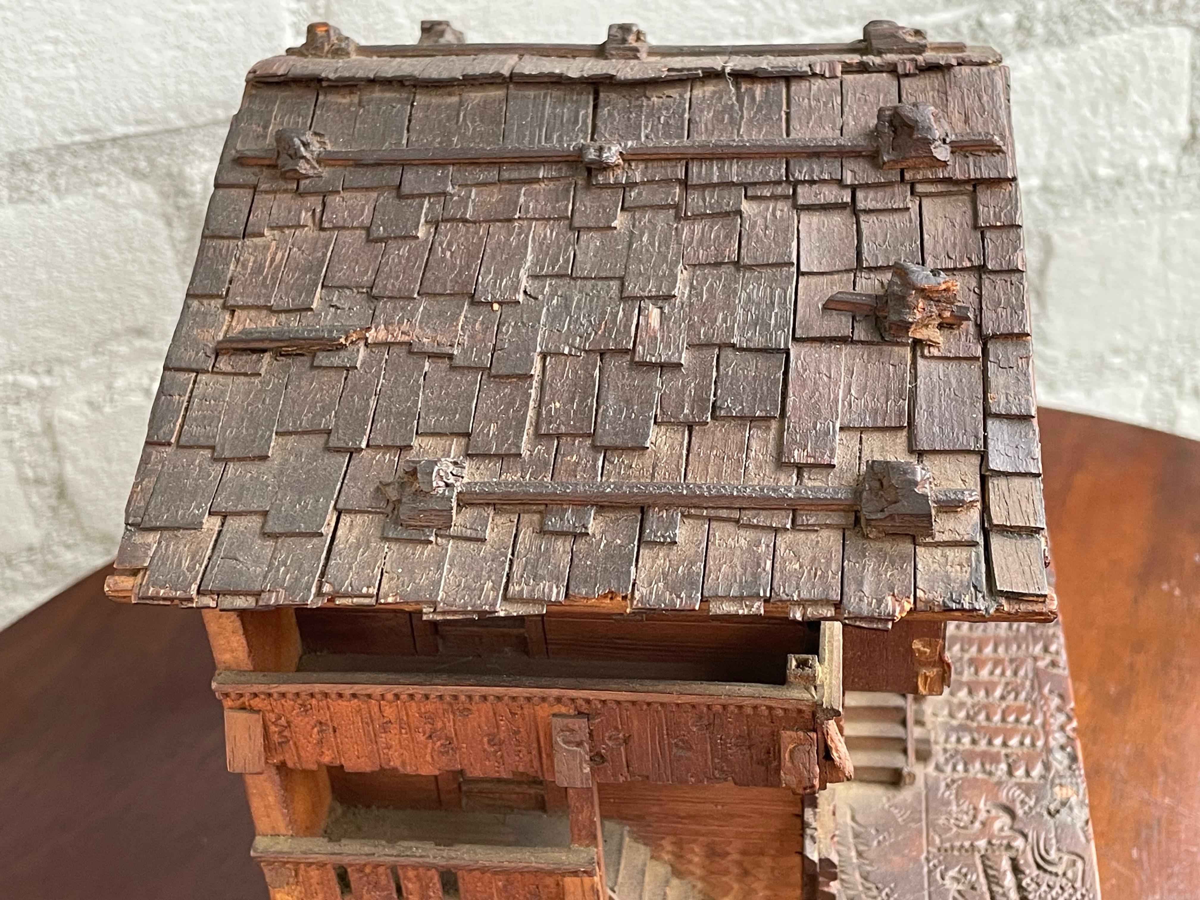 Masterfully Carved Swiss Black Forest Wooden Chalet Antique Jewelry & Music Box 9