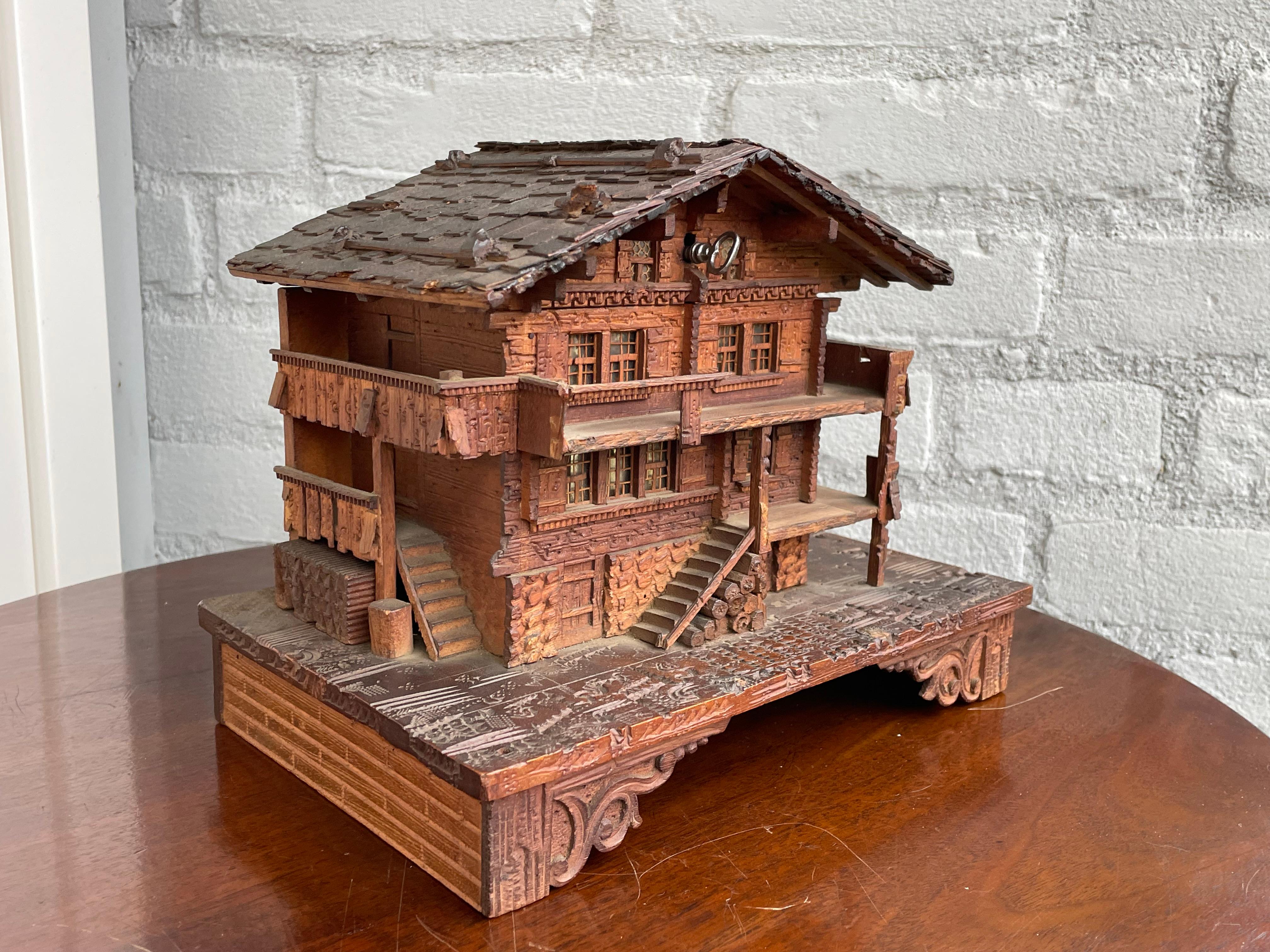 Masterfully Carved Swiss Black Forest Wooden Chalet Antique Jewelry & Music Box 12