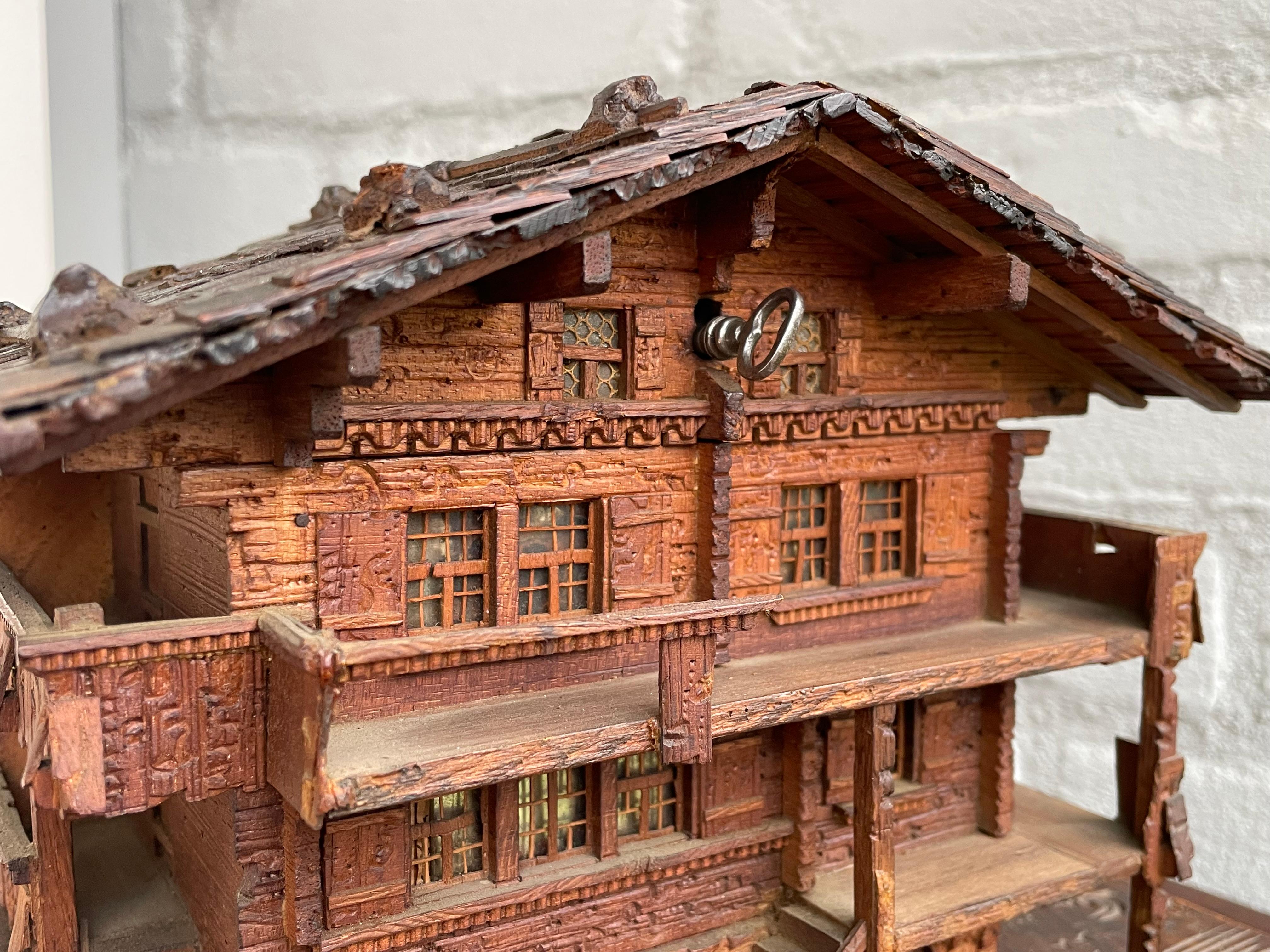 Masterfully Carved Swiss Black Forest Wooden Chalet Antique Jewelry & Music Box 13