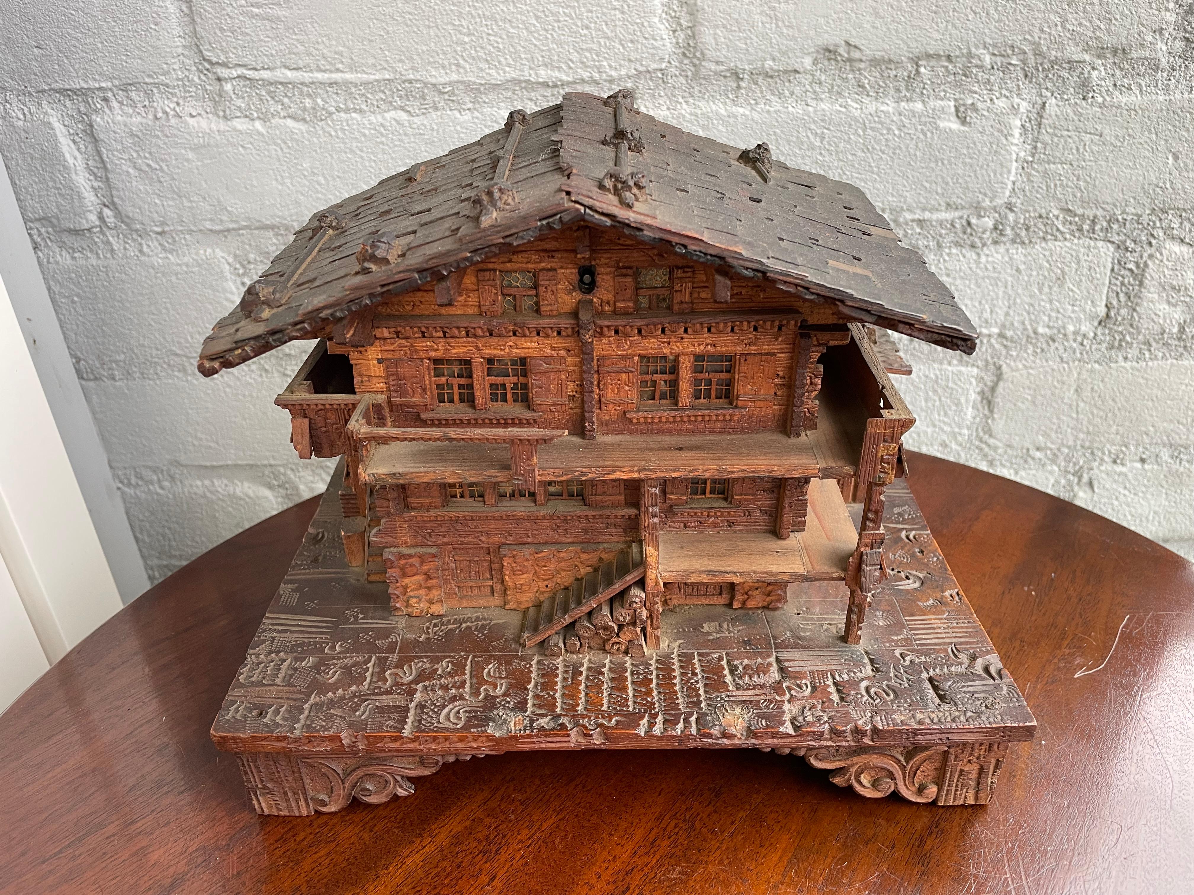 Hand-Carved Masterfully Carved Swiss Black Forest Wooden Chalet Antique Jewelry & Music Box