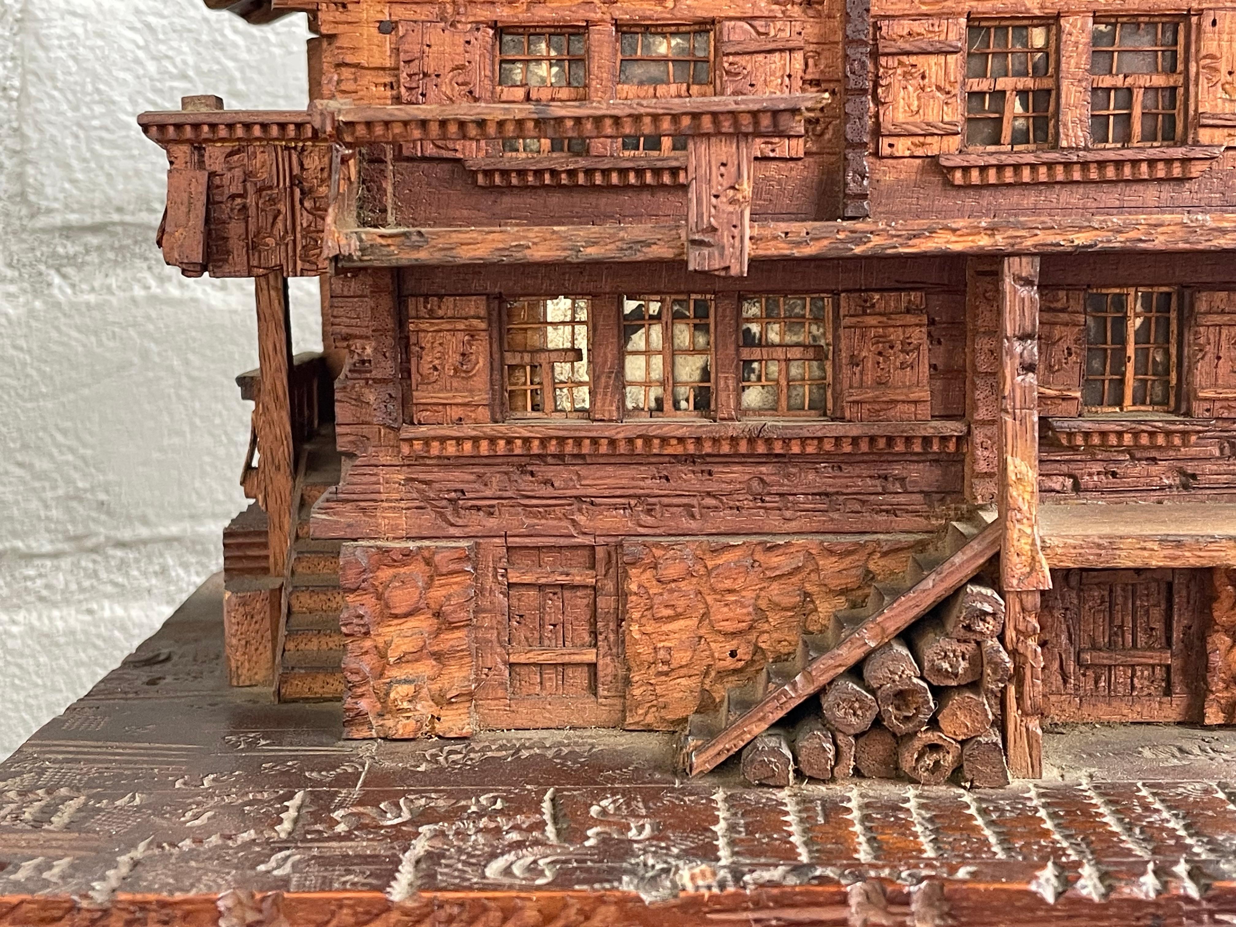 Masterfully Carved Swiss Black Forest Wooden Chalet Antique Jewelry & Music Box In Good Condition In Lisse, NL