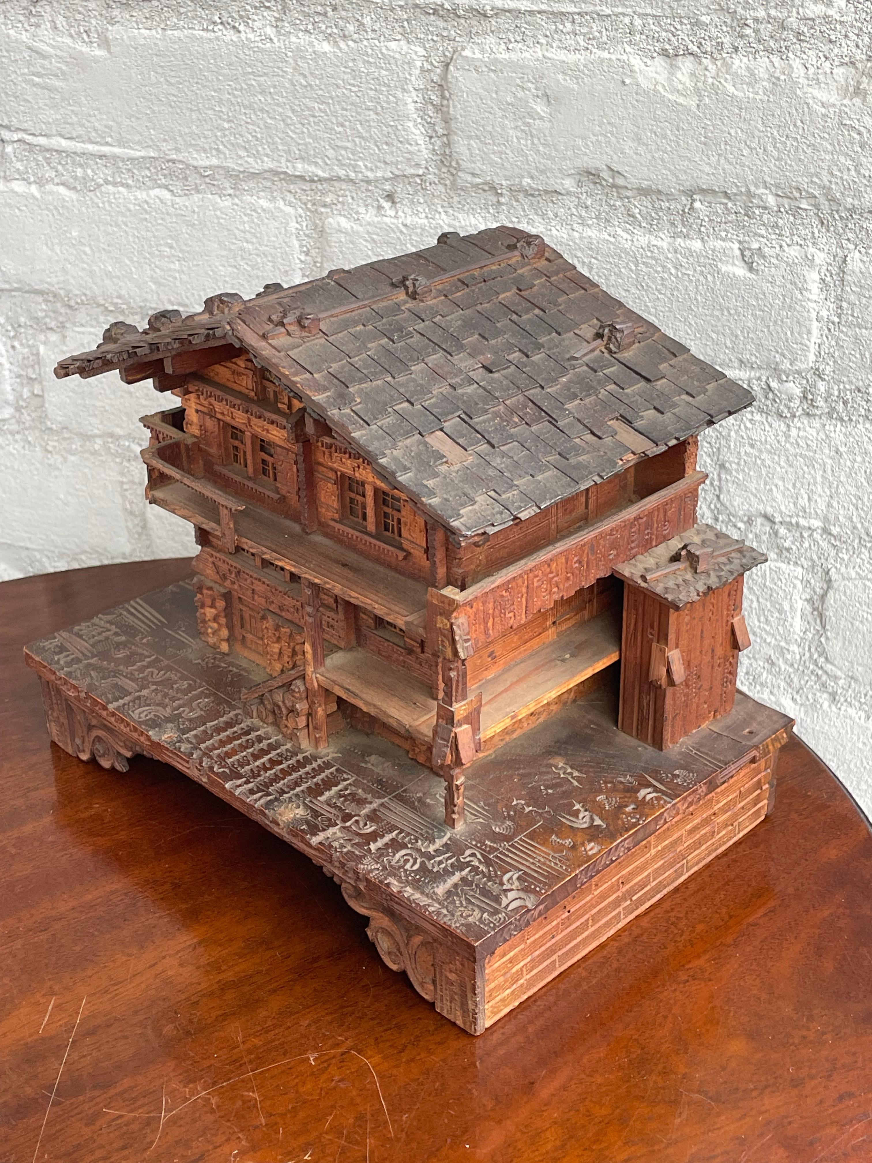 19th Century Masterfully Carved Swiss Black Forest Wooden Chalet Antique Jewelry & Music Box
