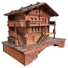 Masterfully Carved Swiss Black Forest Wooden Chalet Antique Jewelry & Music Box