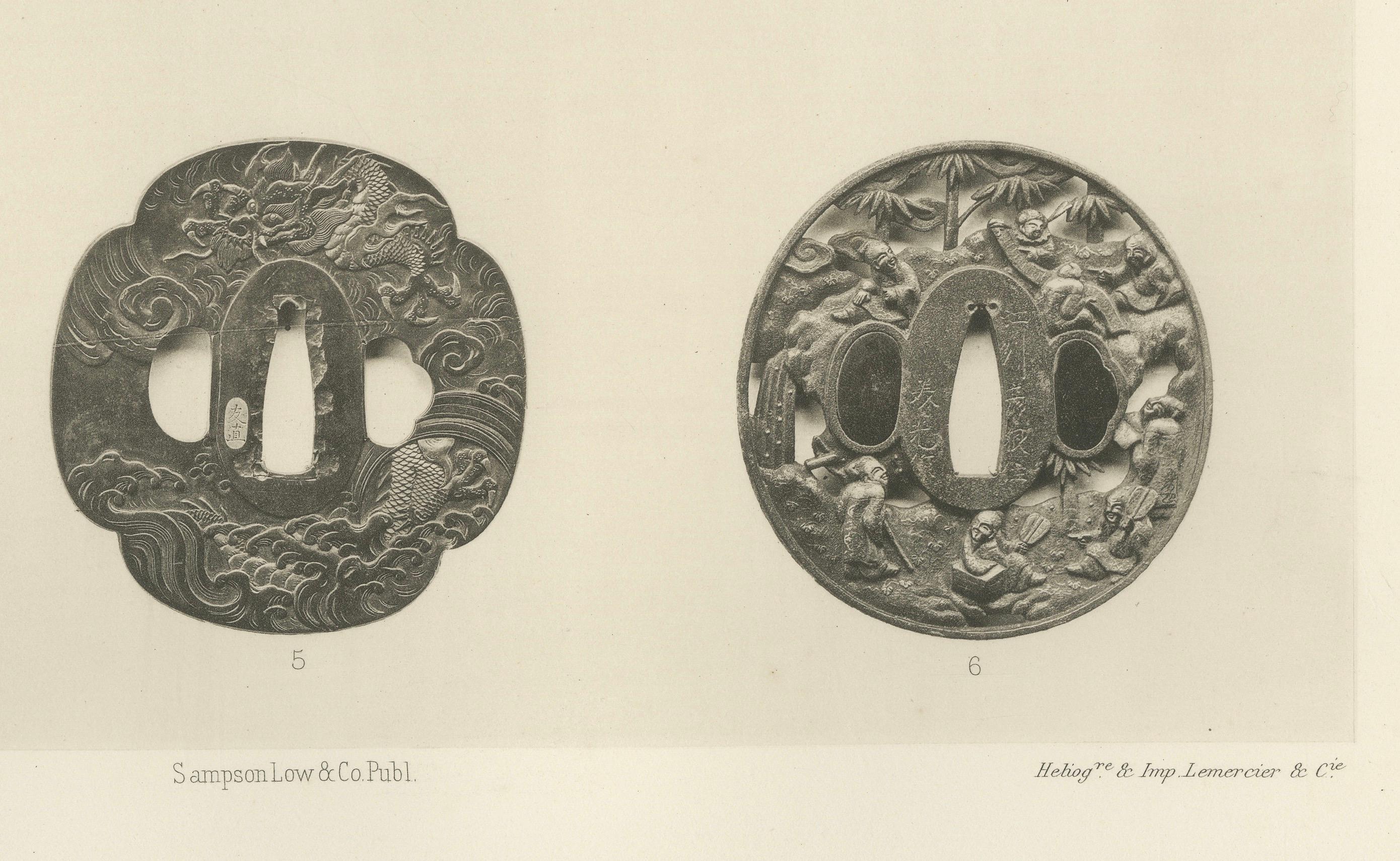 Title: Masterfully Crafted Tsuba with Narrative and Symbolic Motifs – Plate XVII from Section VI of G. A. Audsley’s Decorative Art Series

Description: Plate XVII from Section VI of G. A. Audsley’s decorative art series features six intricately