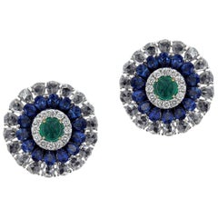 Masterly 18 Karat White Gold Diamond, Emerald and Sapphire, Ring and Earring Set