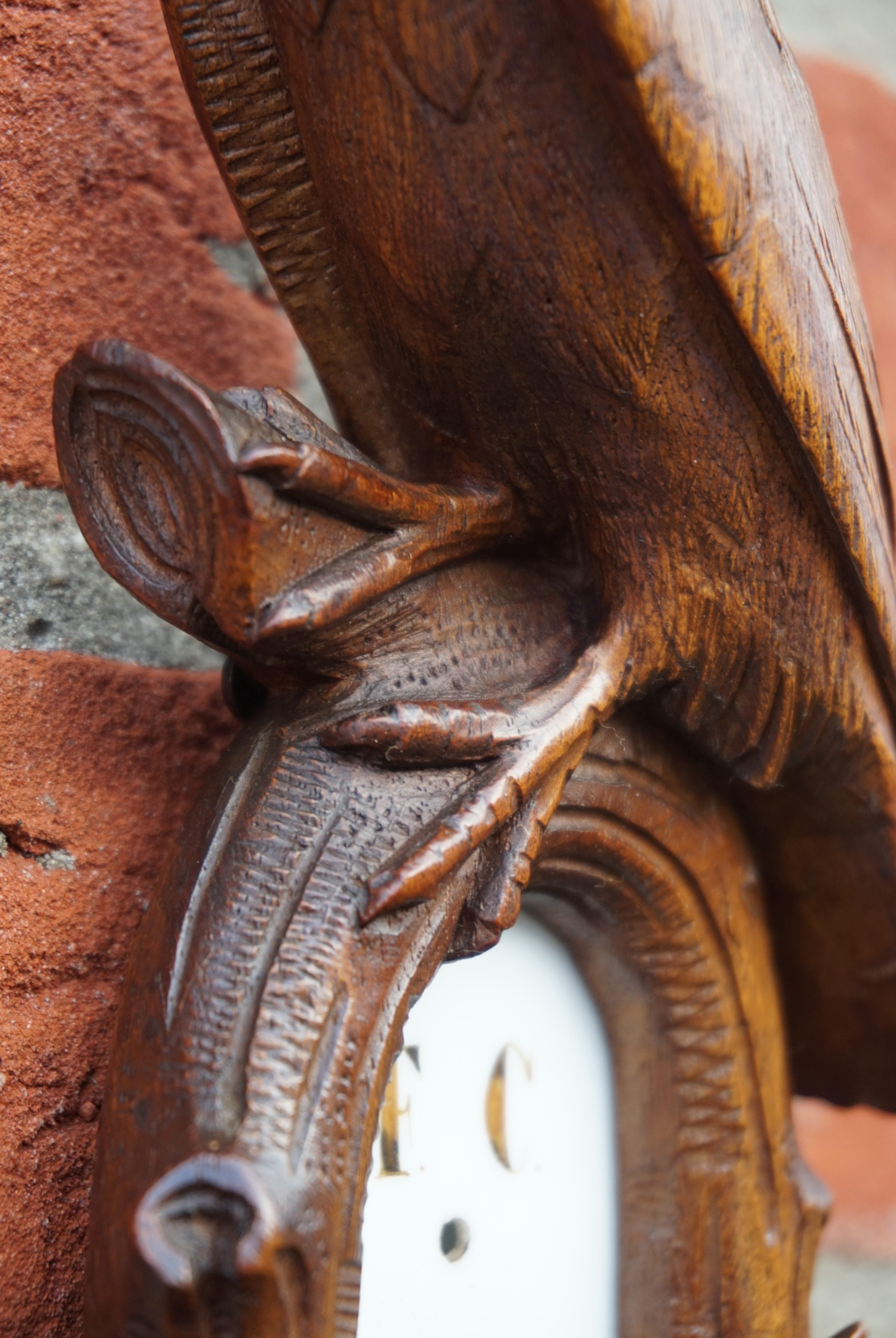 Masterly Carved Black Forest Wall Barometer with Fern Plants and Eagle Sculpture For Sale 6