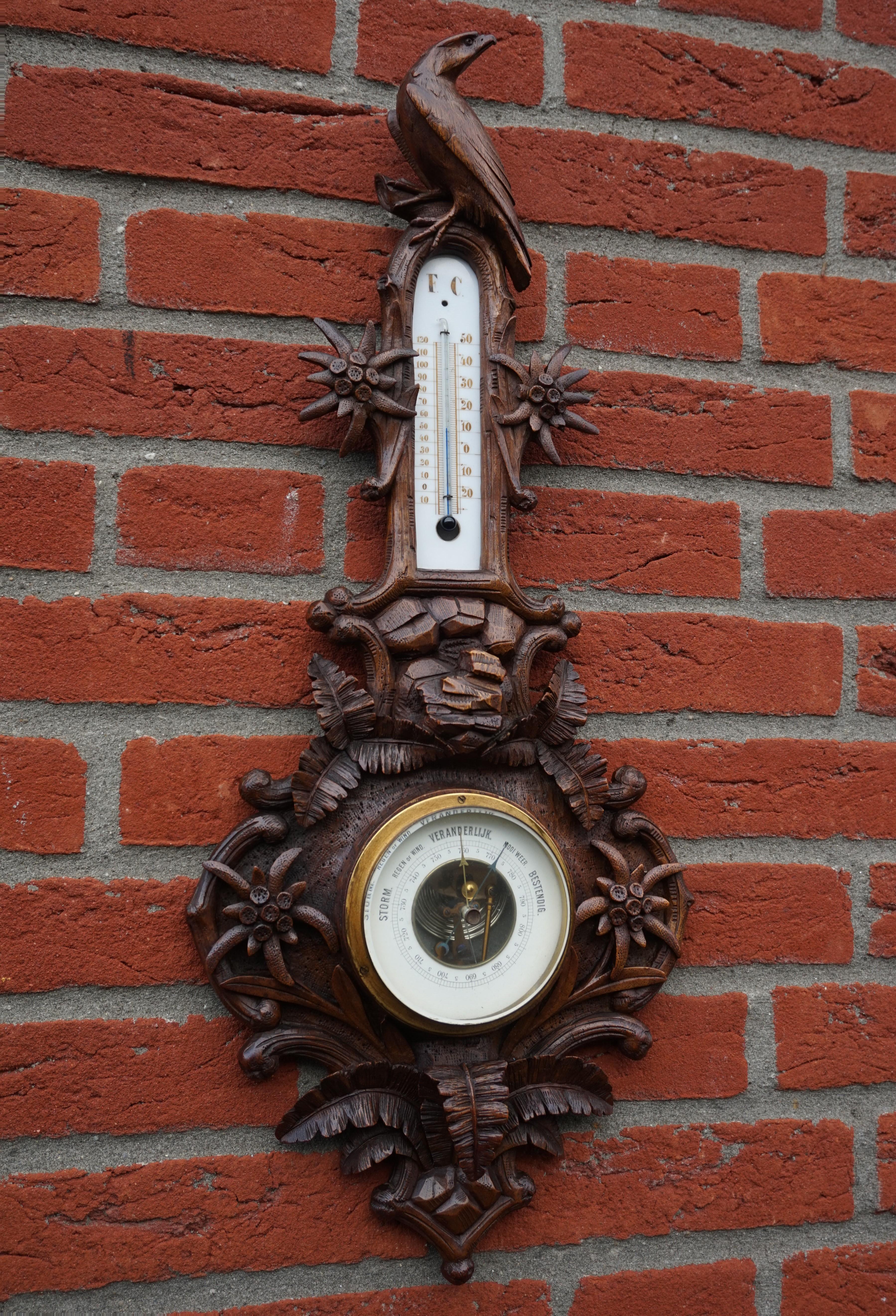 Masterly Carved Black Forest Wall Barometer with Fern Plants and Eagle Sculpture For Sale 11