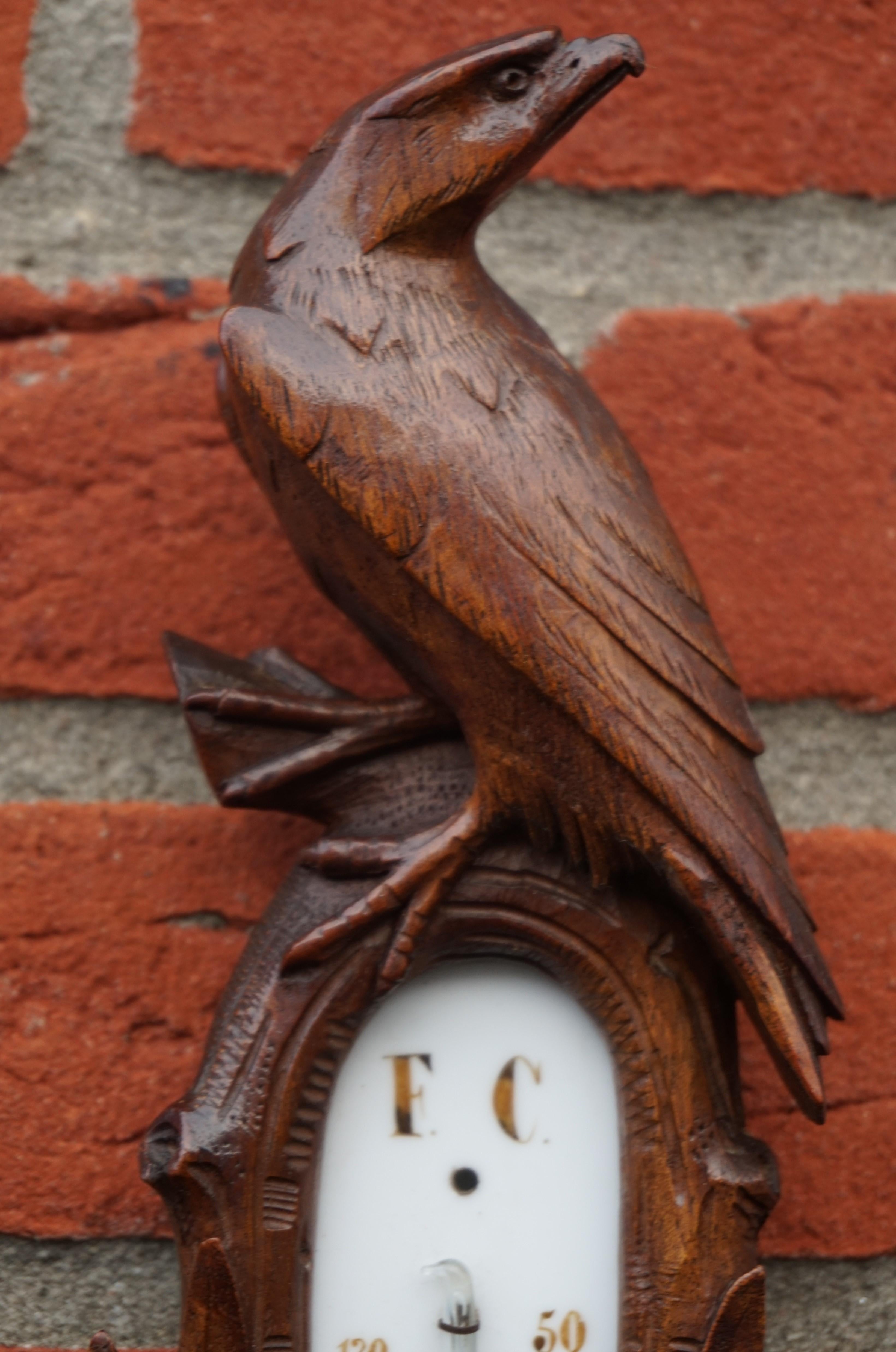 Hand carved, solid walnut antique barometer with maker's mark.

This rare Black Forest barometer depicting an incredibly detailed and finest quality also has the most beautiful patina. All hand carved out of one piece of solid walnut and with the