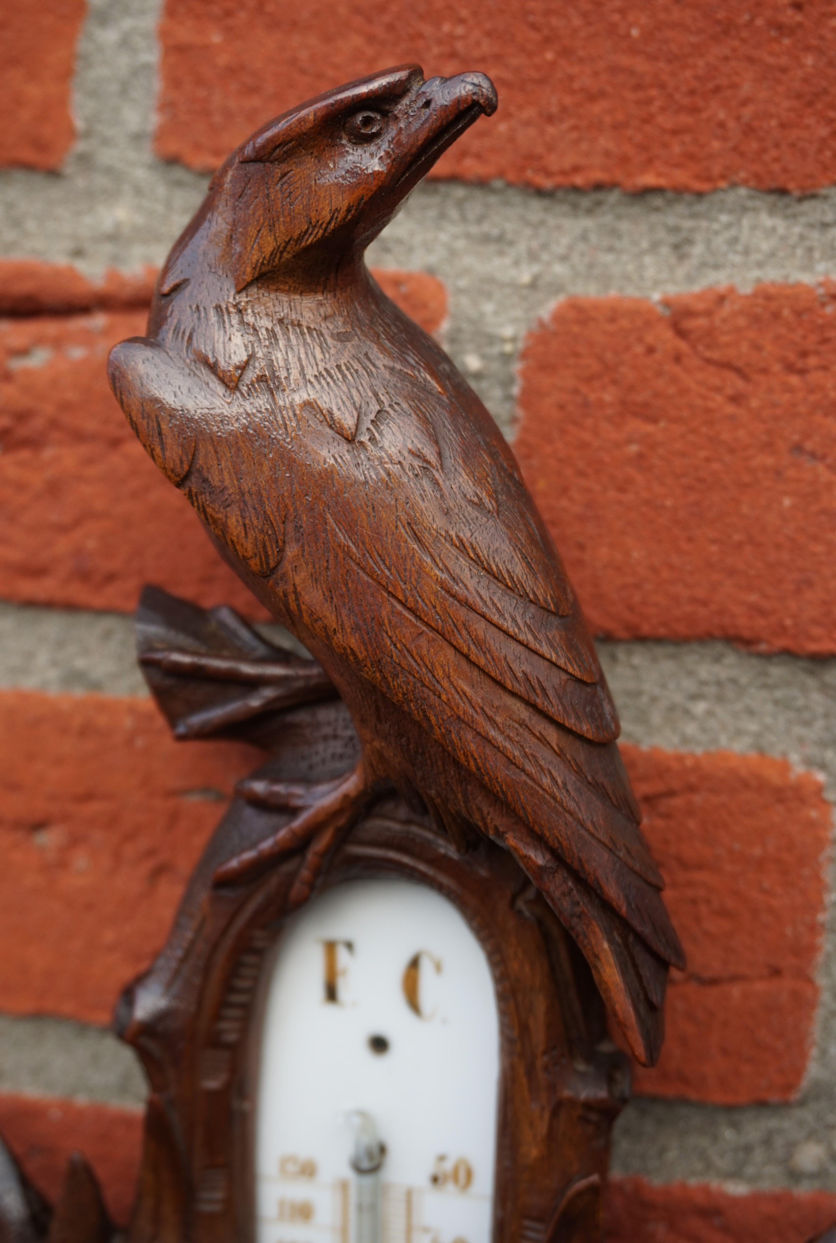 Masterly Carved Black Forest Wall Barometer with Fern Plants and Eagle Sculpture For Sale 12