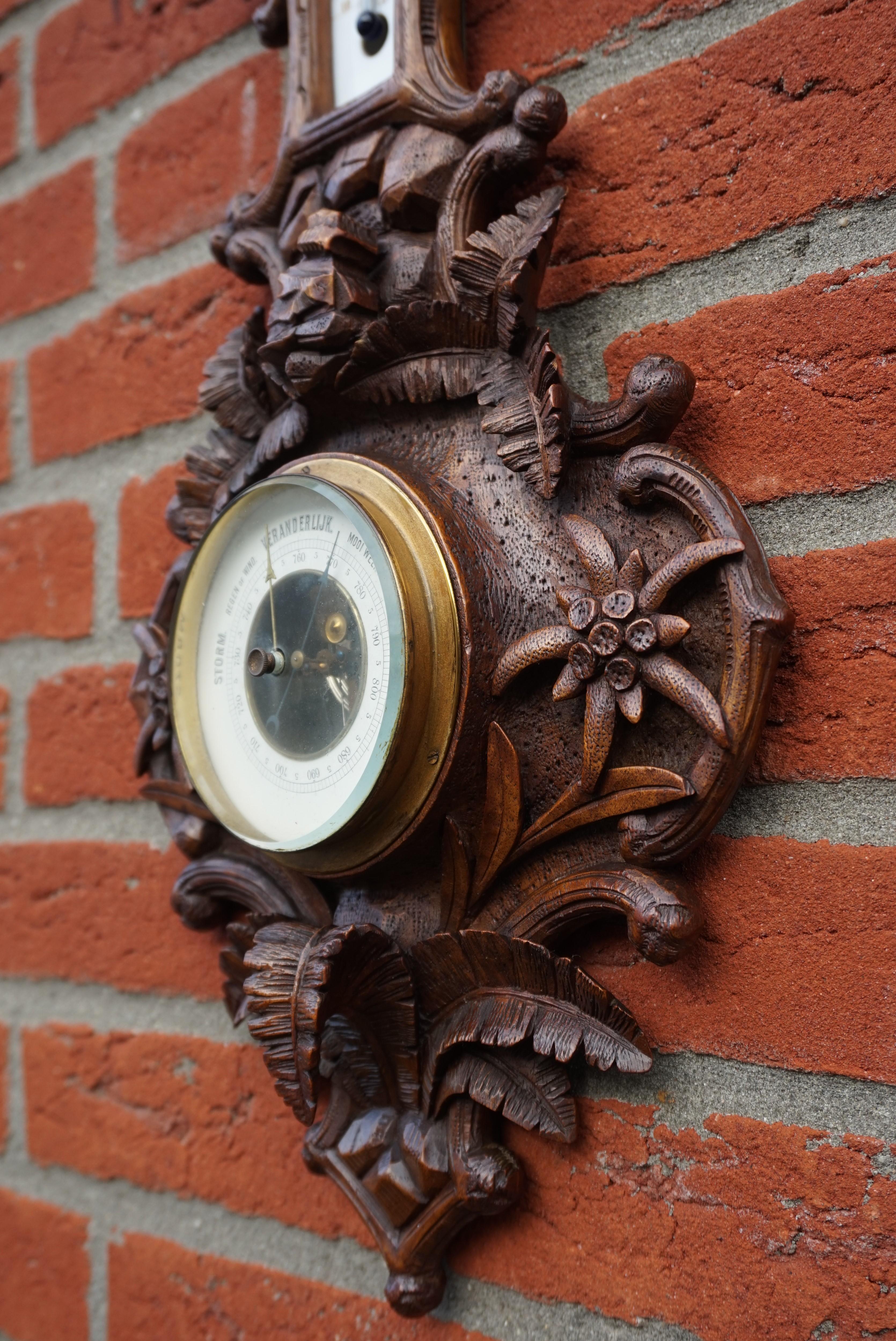 Beveled Masterly Carved Black Forest Wall Barometer with Fern Plants and Eagle Sculpture For Sale