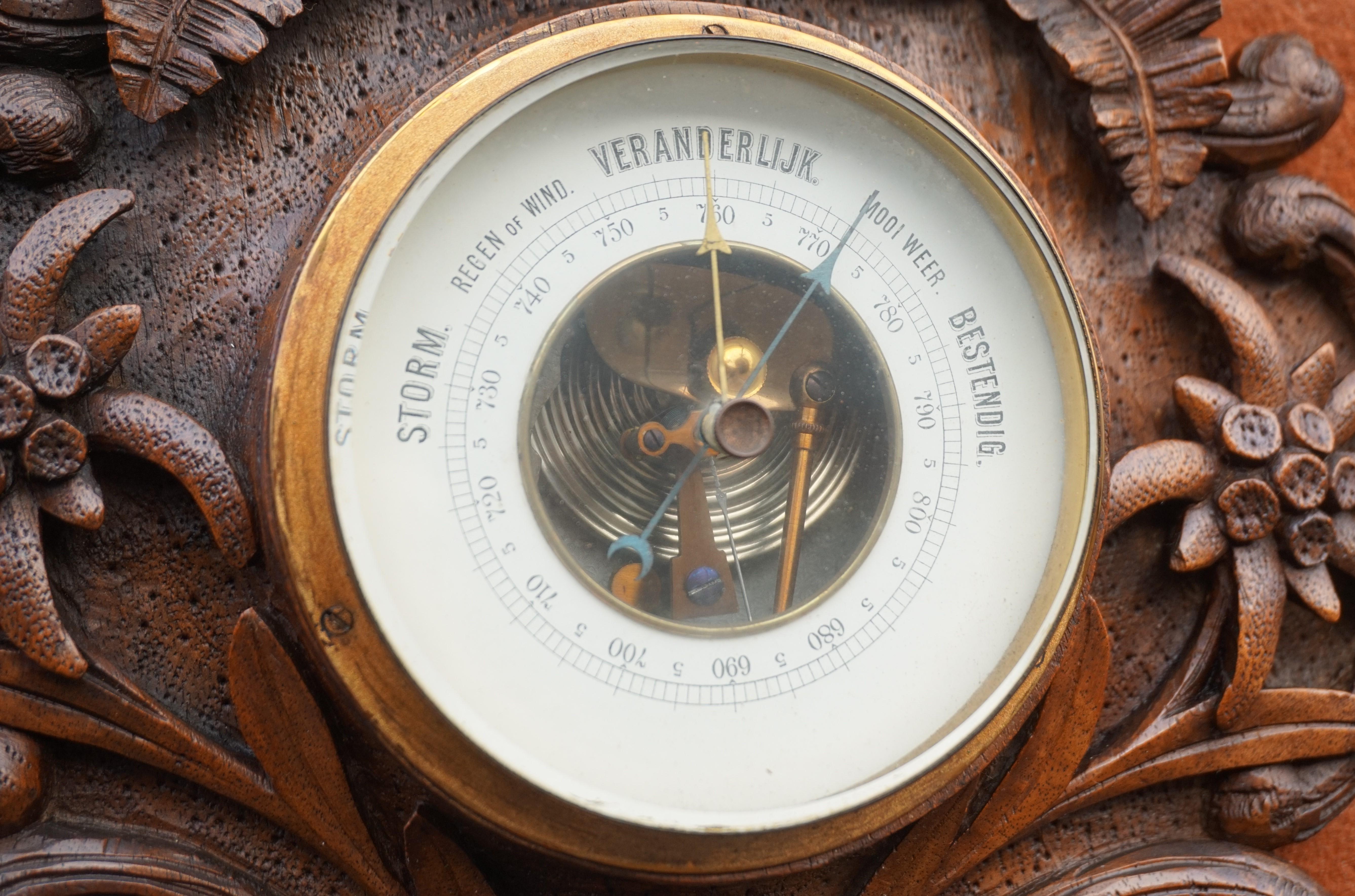 20th Century Masterly Carved Black Forest Wall Barometer with Fern Plants and Eagle Sculpture