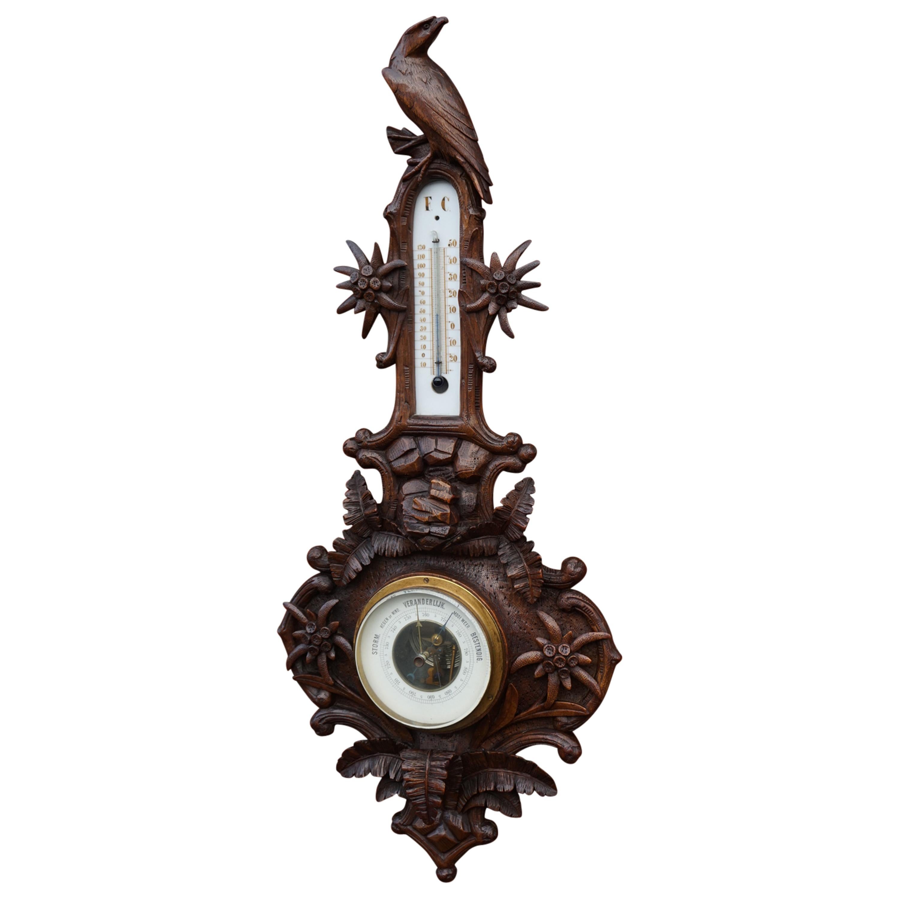 Masterly Carved Black Forest Wall Barometer with Fern Plants and Eagle Sculpture