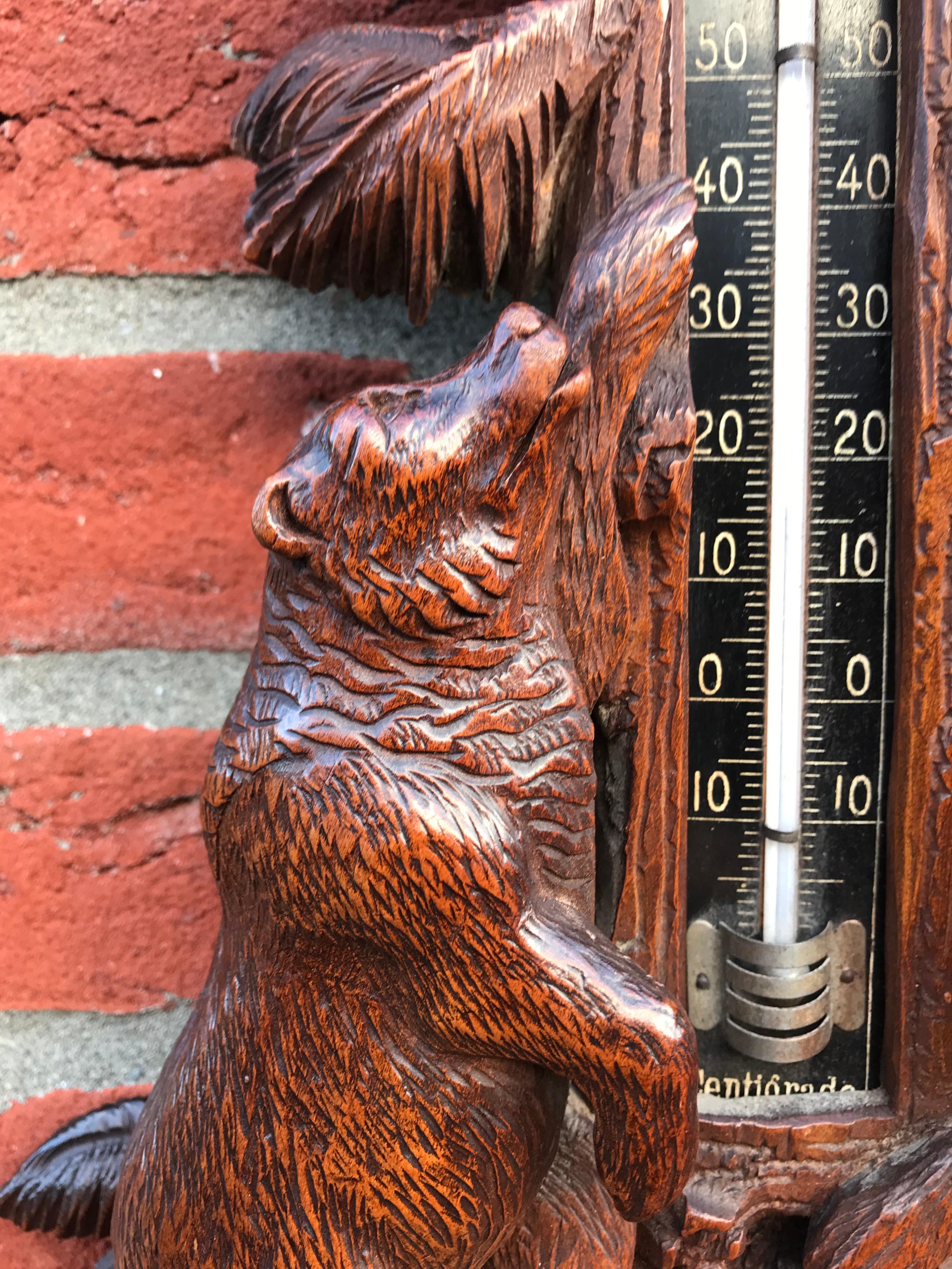 Masterly Carved Black Forest Wall Barometer with Tree Climbing Bear Family 5