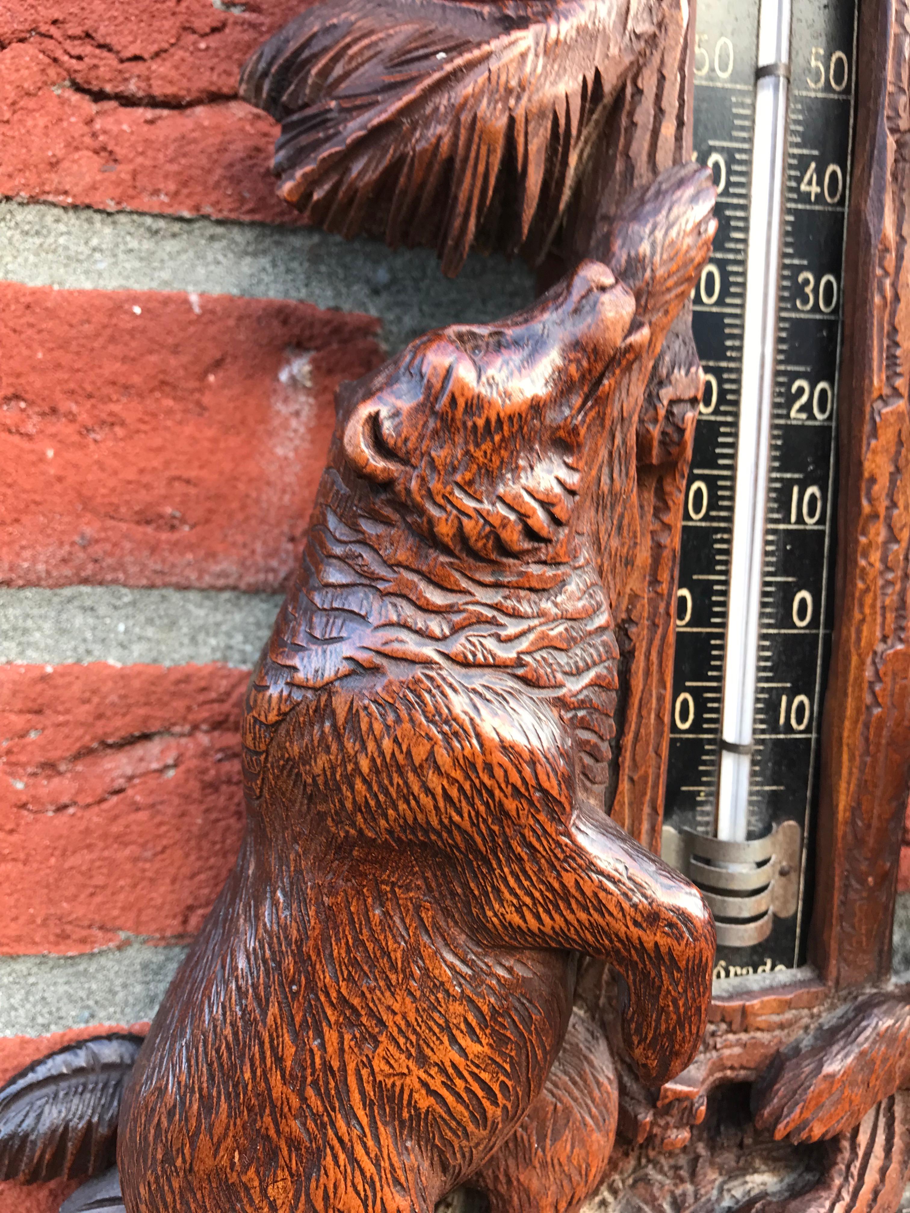 Masterly Carved Black Forest Wall Barometer with Tree Climbing Bear Family 6