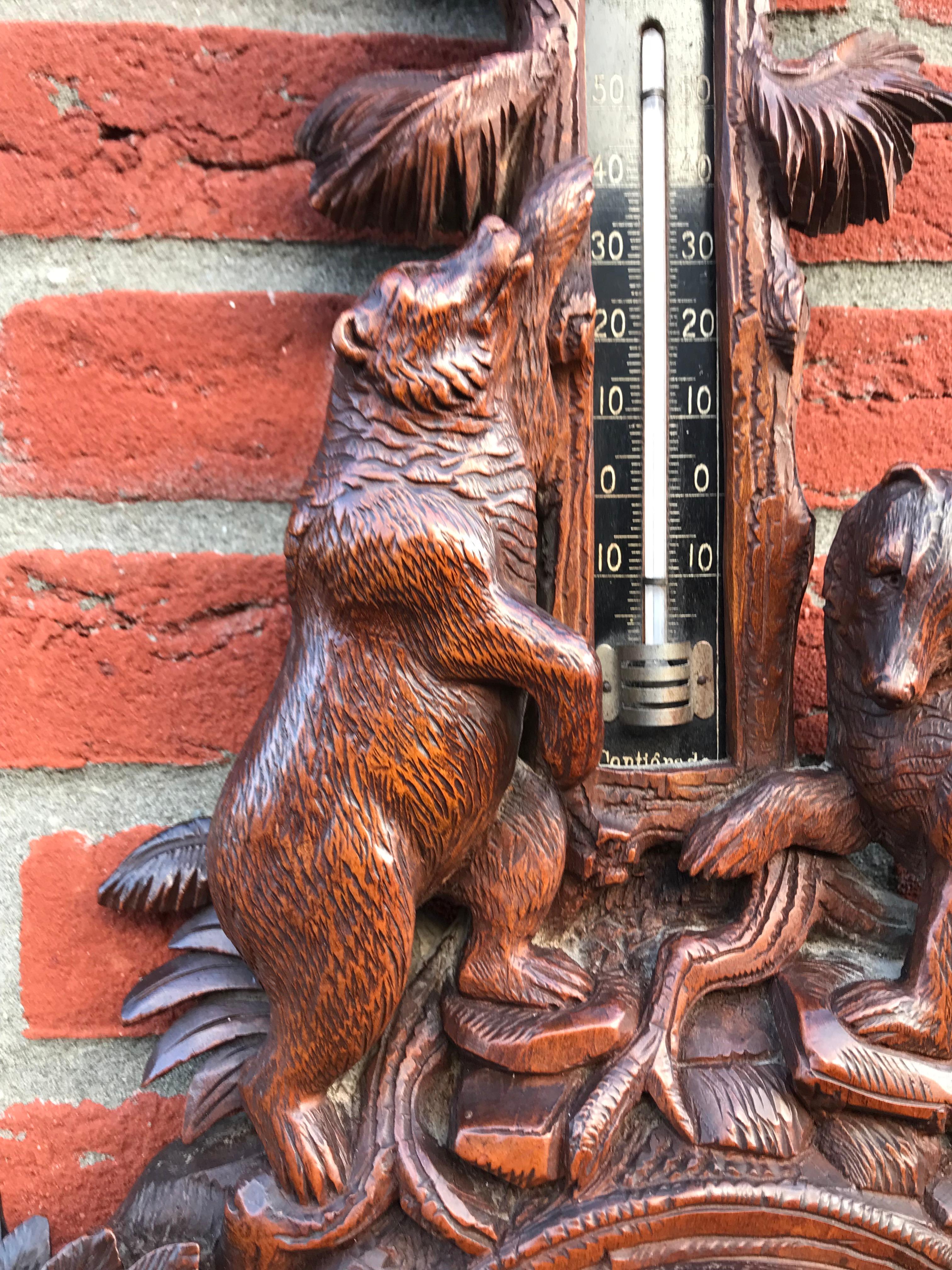Masterly Carved Black Forest Wall Barometer with Tree Climbing Bear Family 7