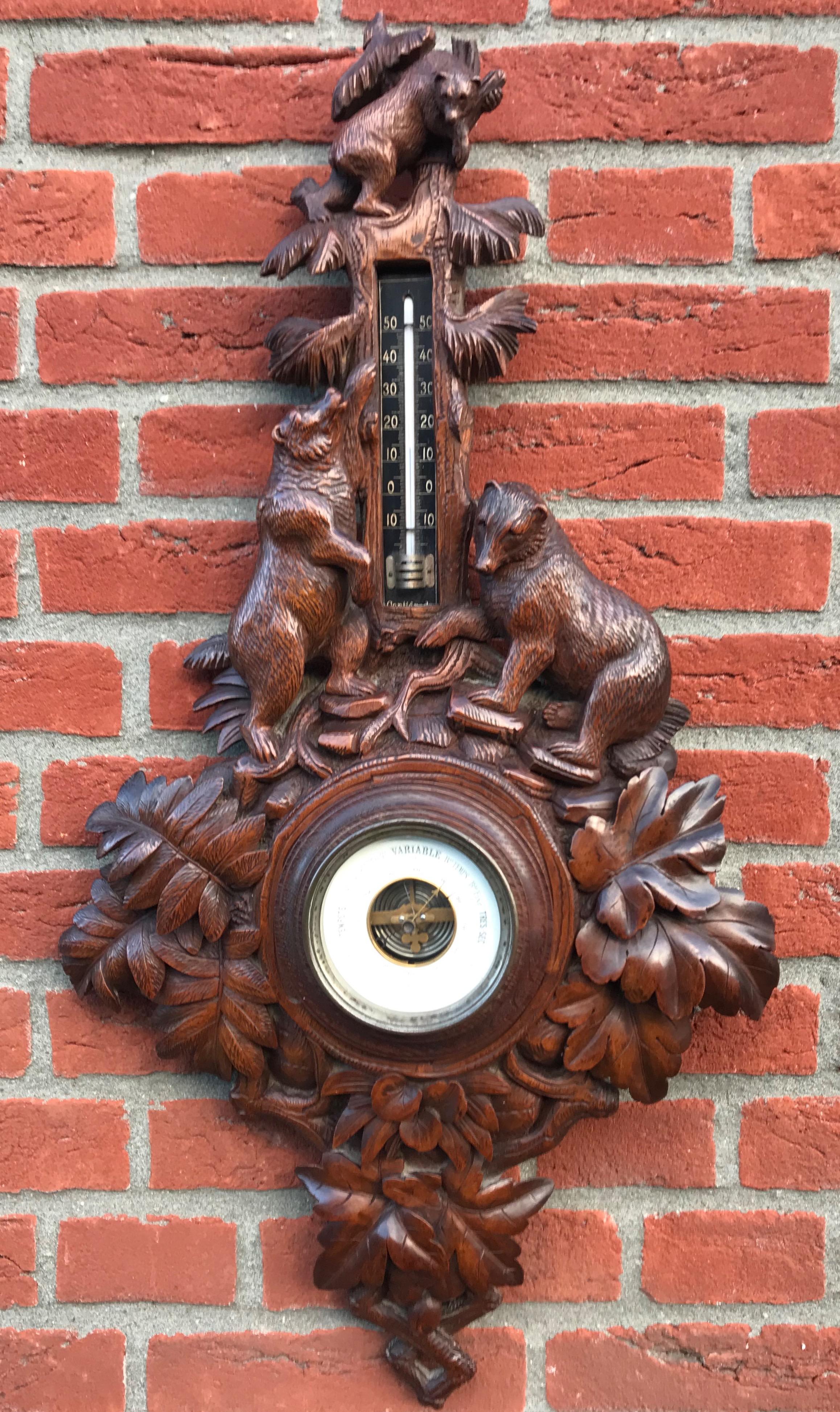 European Masterly Carved Black Forest Wall Barometer with Tree Climbing Bear Family