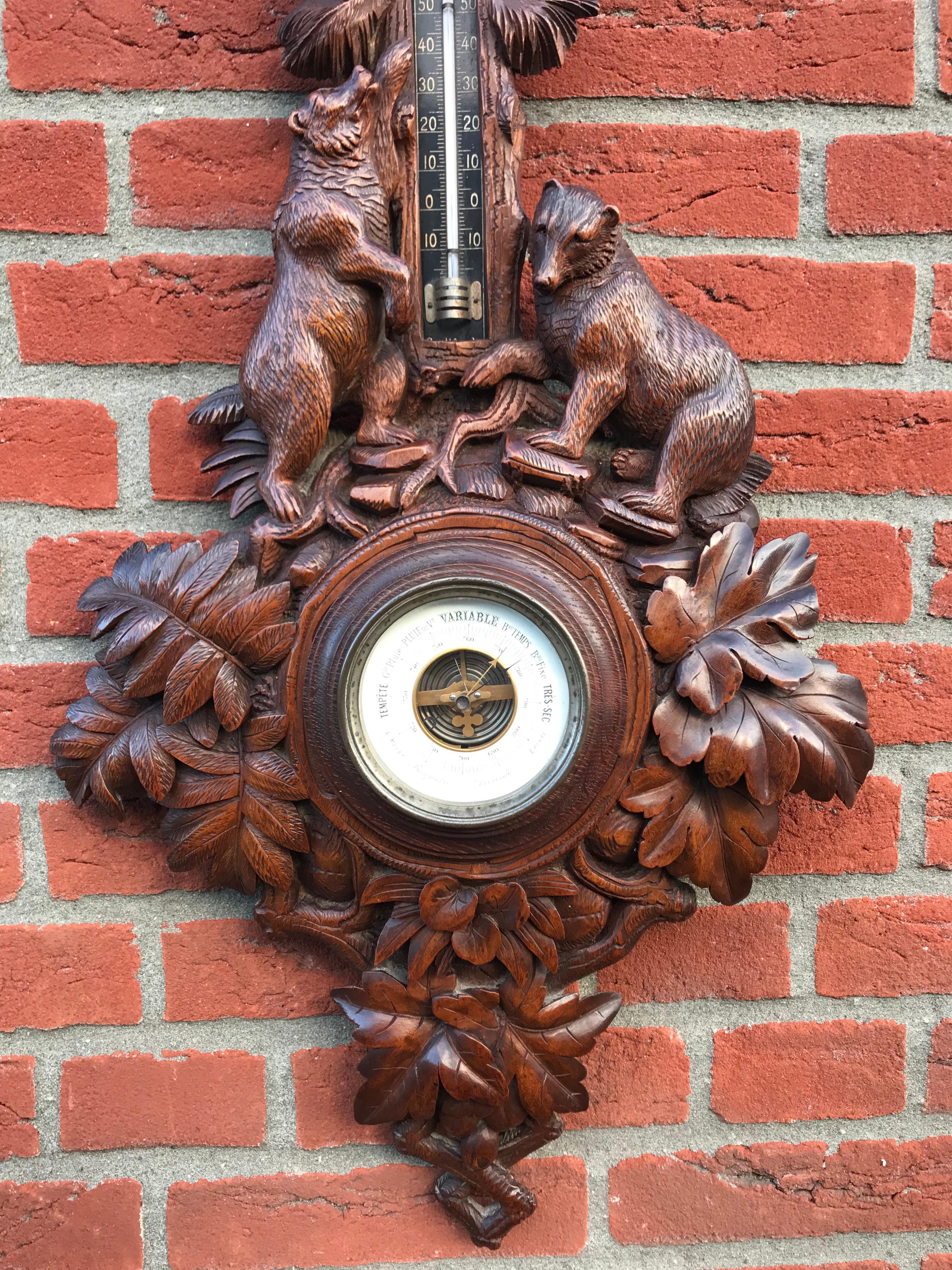 Hand-Carved Masterly Carved Black Forest Wall Barometer with Tree Climbing Bear Family
